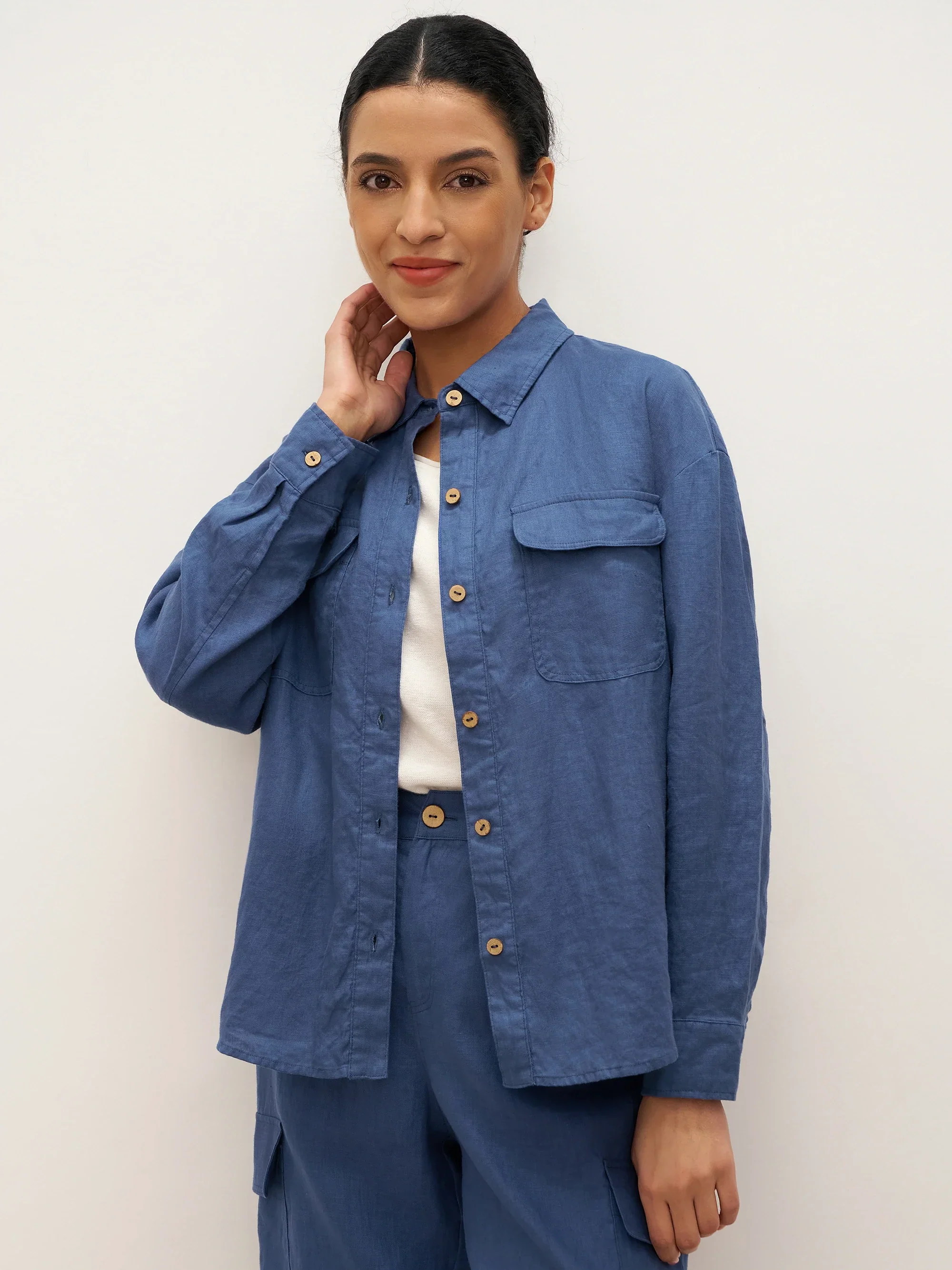 100% Linen Flap-Patch Buttoned Closure Shirt Jacket JANE - Image 2