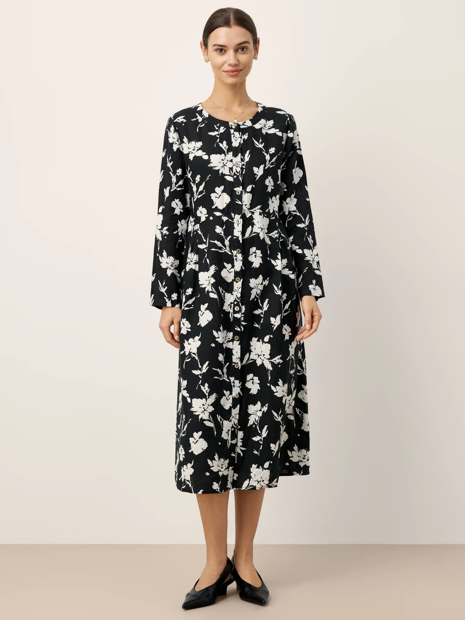 100% Linen Floral Printed Gathered Maxi Dress ELODIE