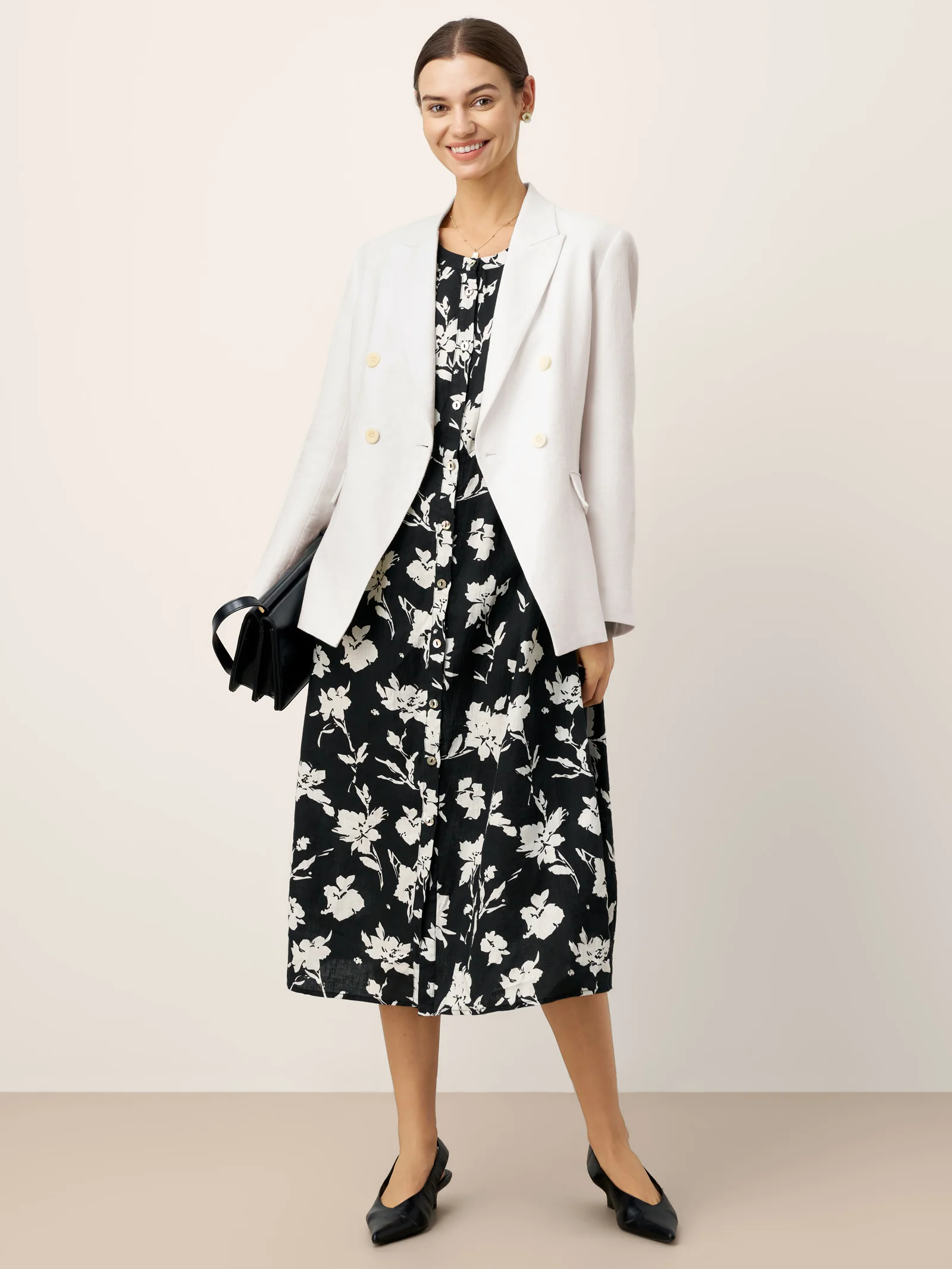 100% Linen Floral Printed Gathered Maxi Dress ELODIE - Image 8