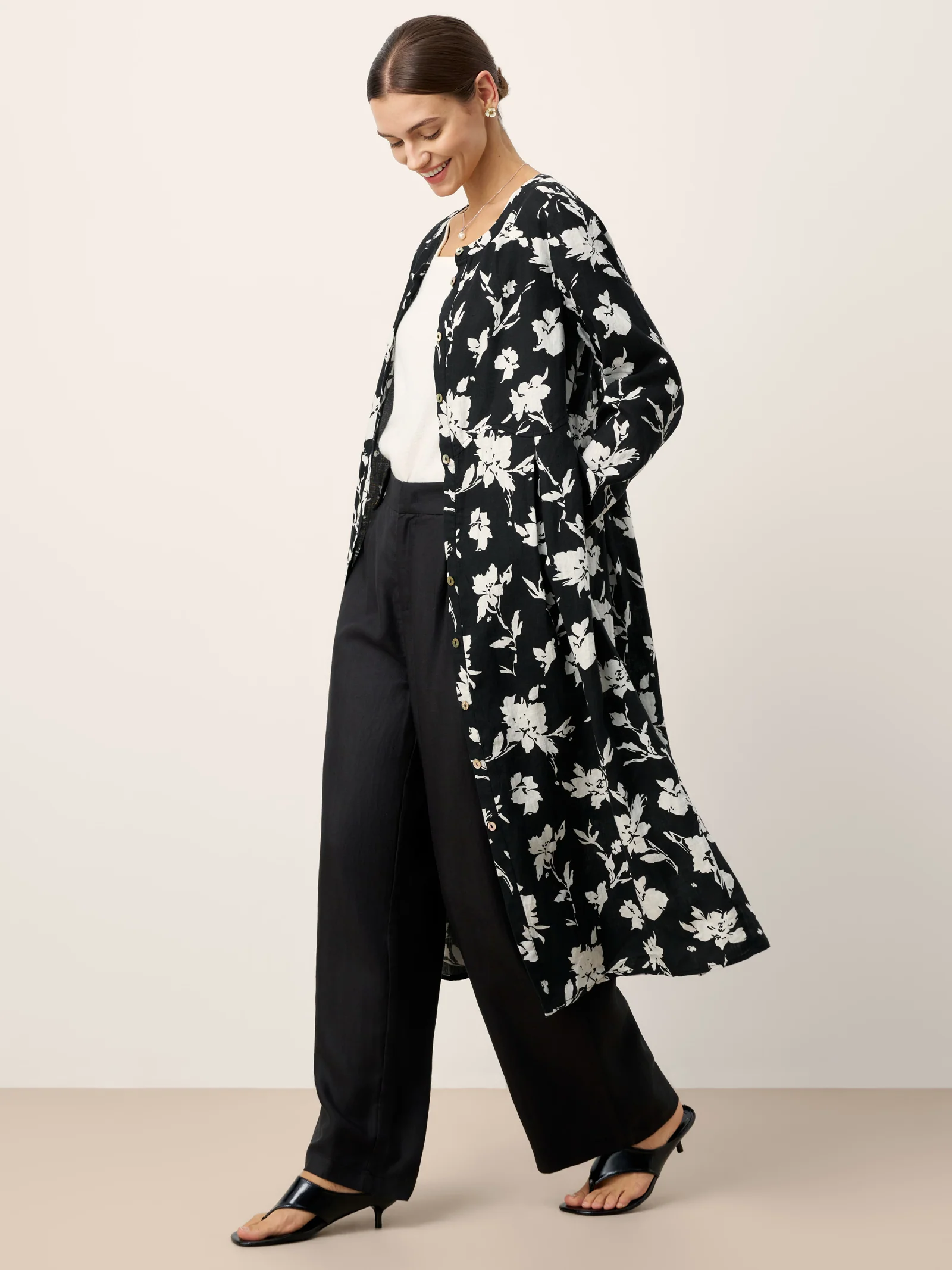 100% Linen Floral Printed Gathered Maxi Dress ELODIE - Image 9