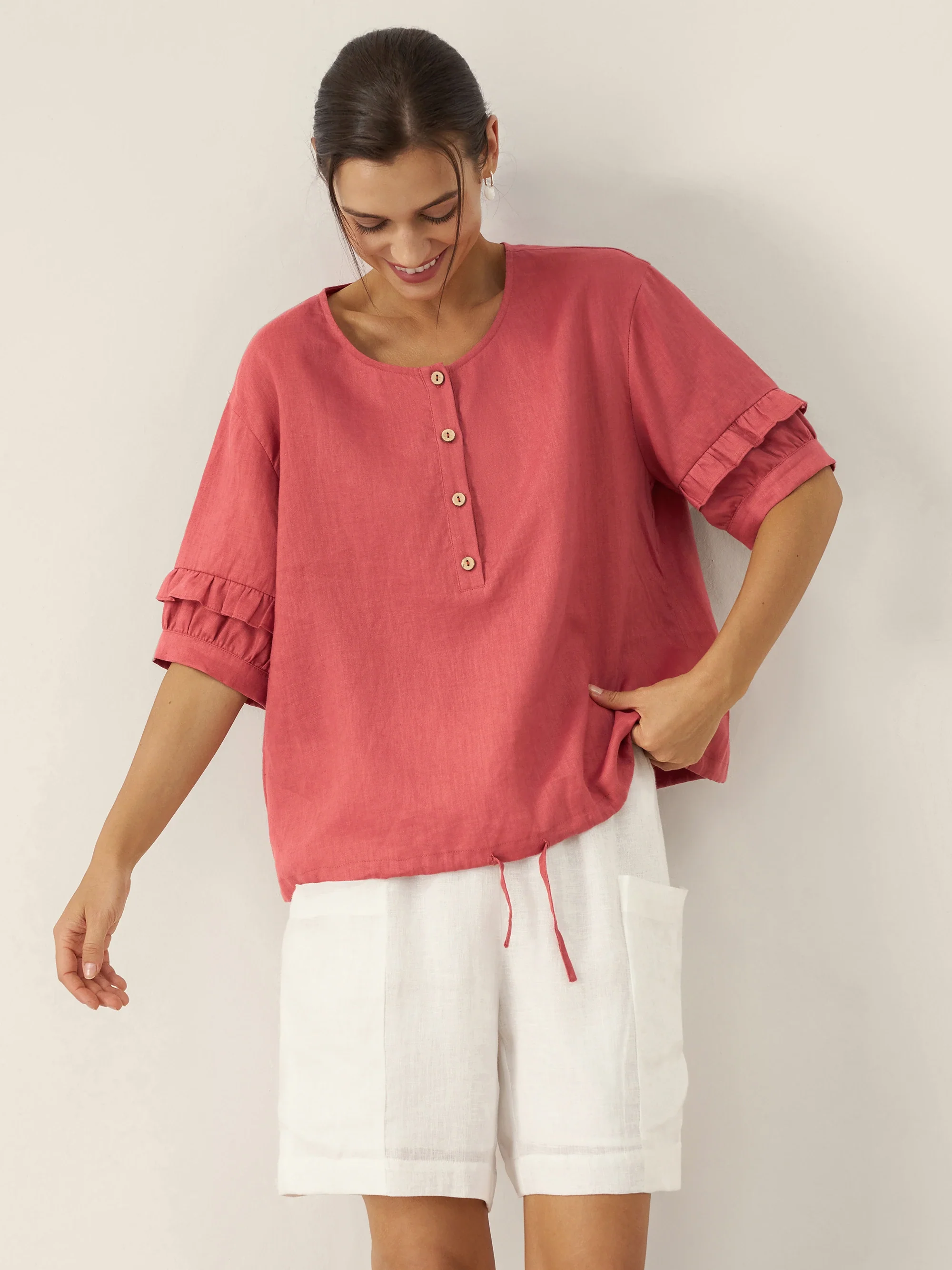 100% Linen Flutter Sleeve Drawstring Top ZOEY - Image 3