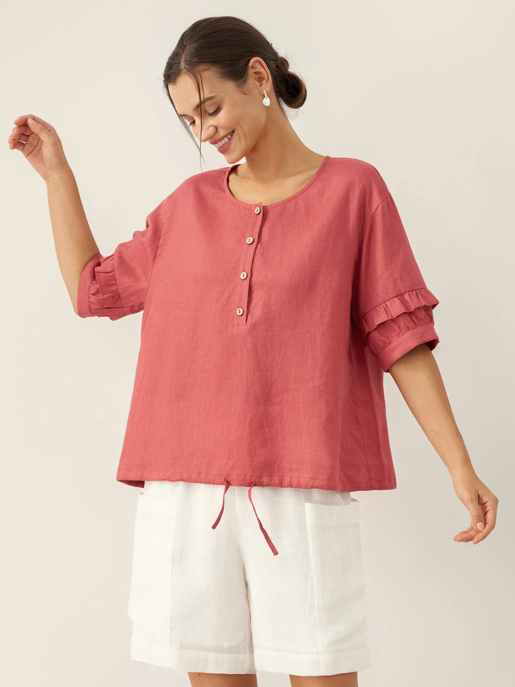 100% Linen Flutter Sleeve Drawstring Top ZOEY - Image 4