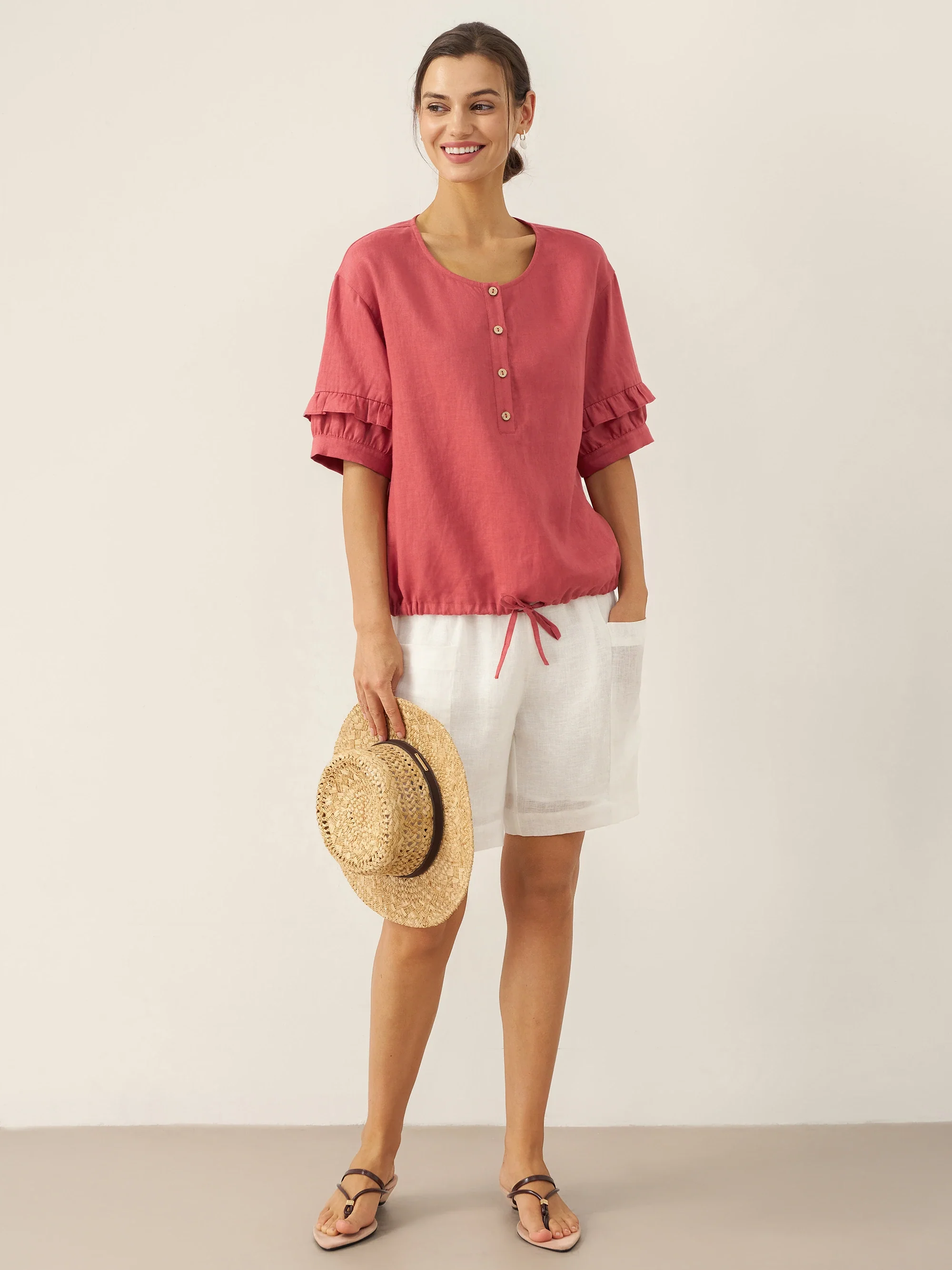 100% Linen Flutter Sleeve Drawstring Top ZOEY - Image 5