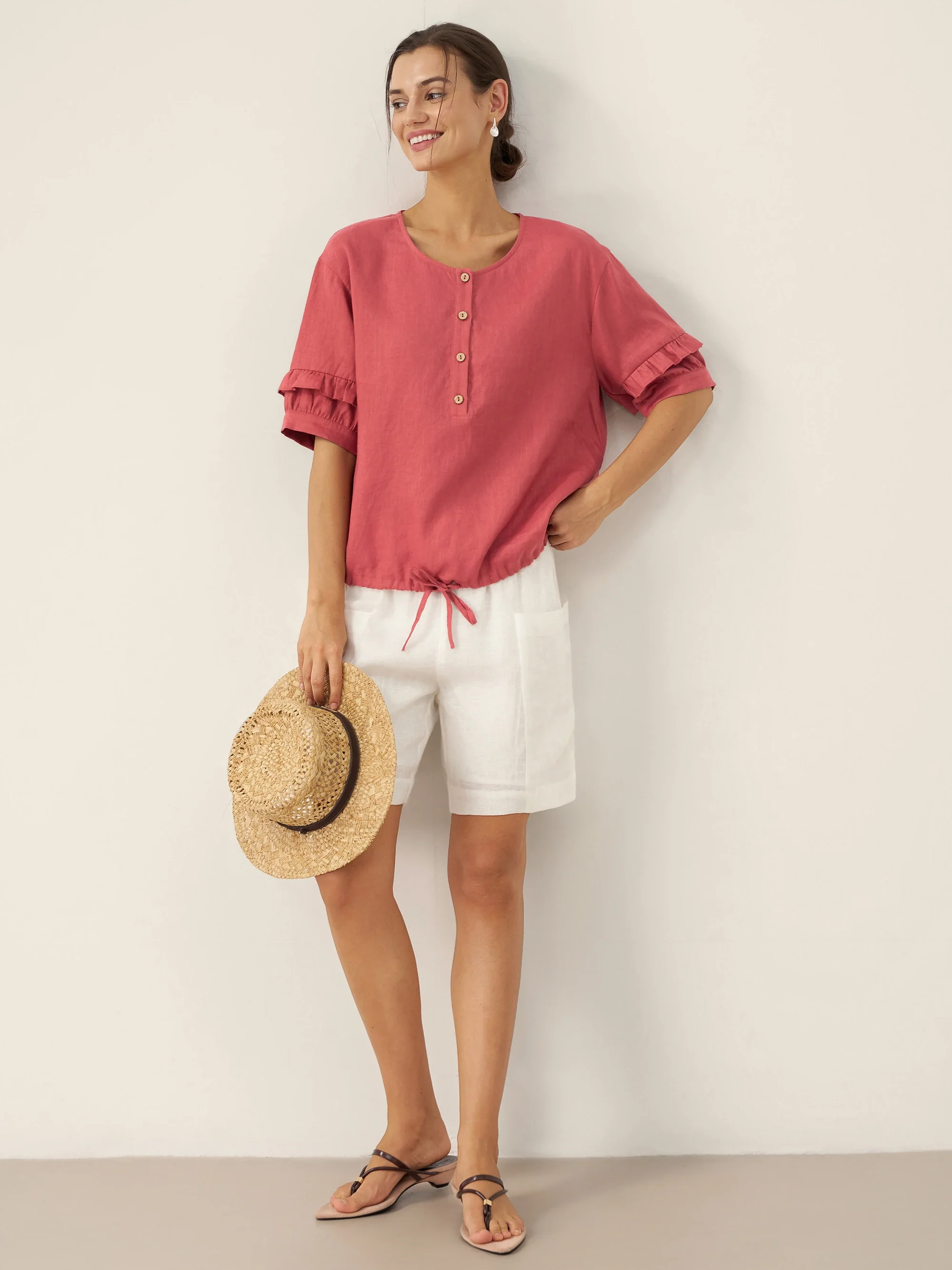 100% Linen Flutter Sleeve Drawstring Top ZOEY - Image 6