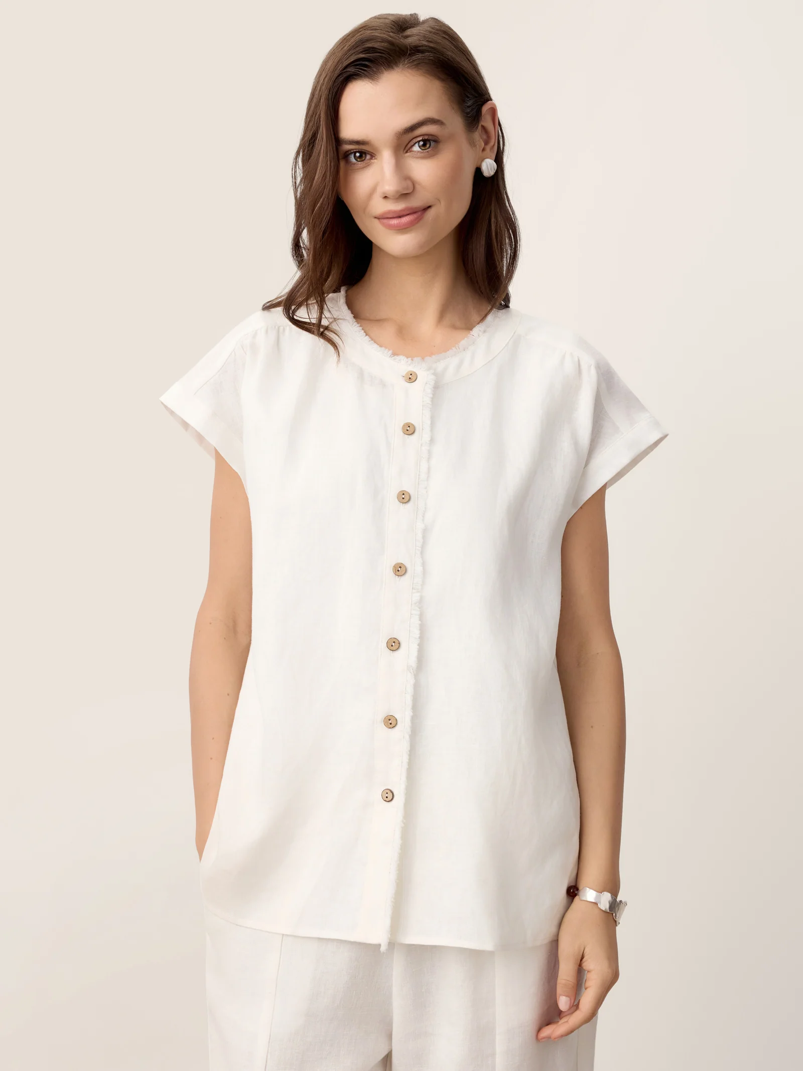100% Linen Frayed-Trim Drop-Shoulder Top INDIRA