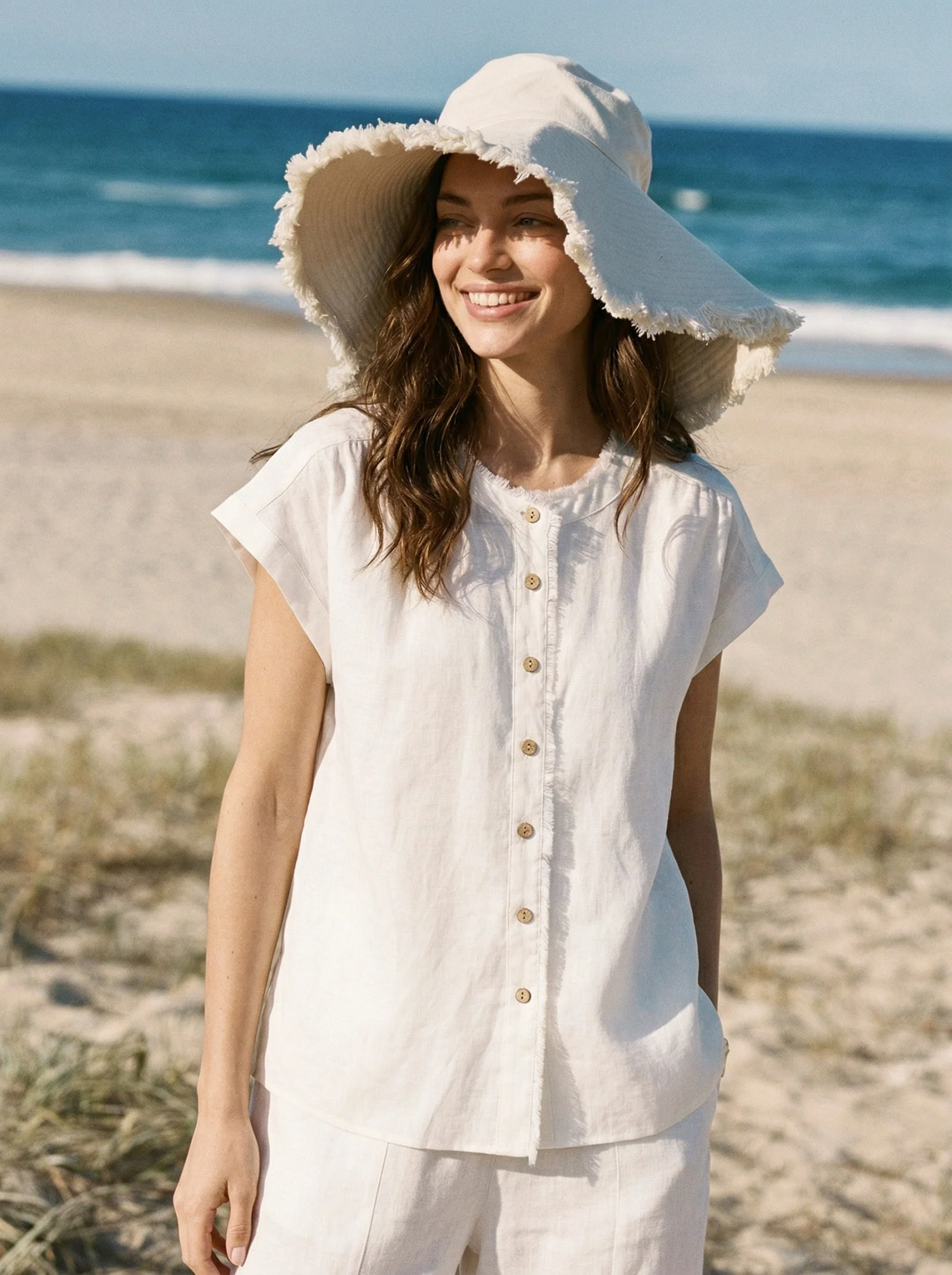 100% Linen Frayed-Trim Drop-Shoulder Top INDIRA - Image 2