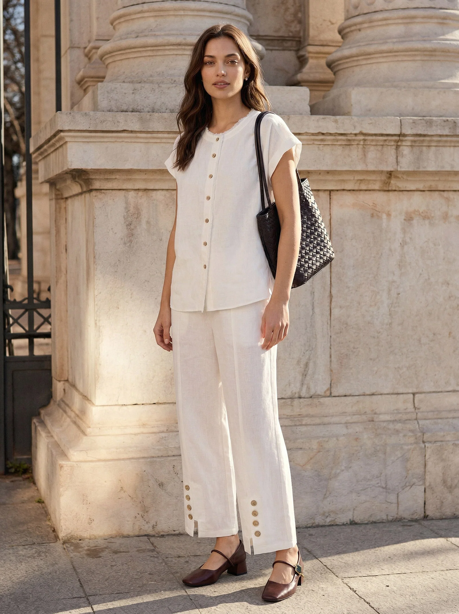 100% Linen Frayed-Trim Drop-Shoulder Top INDIRA - Image 3