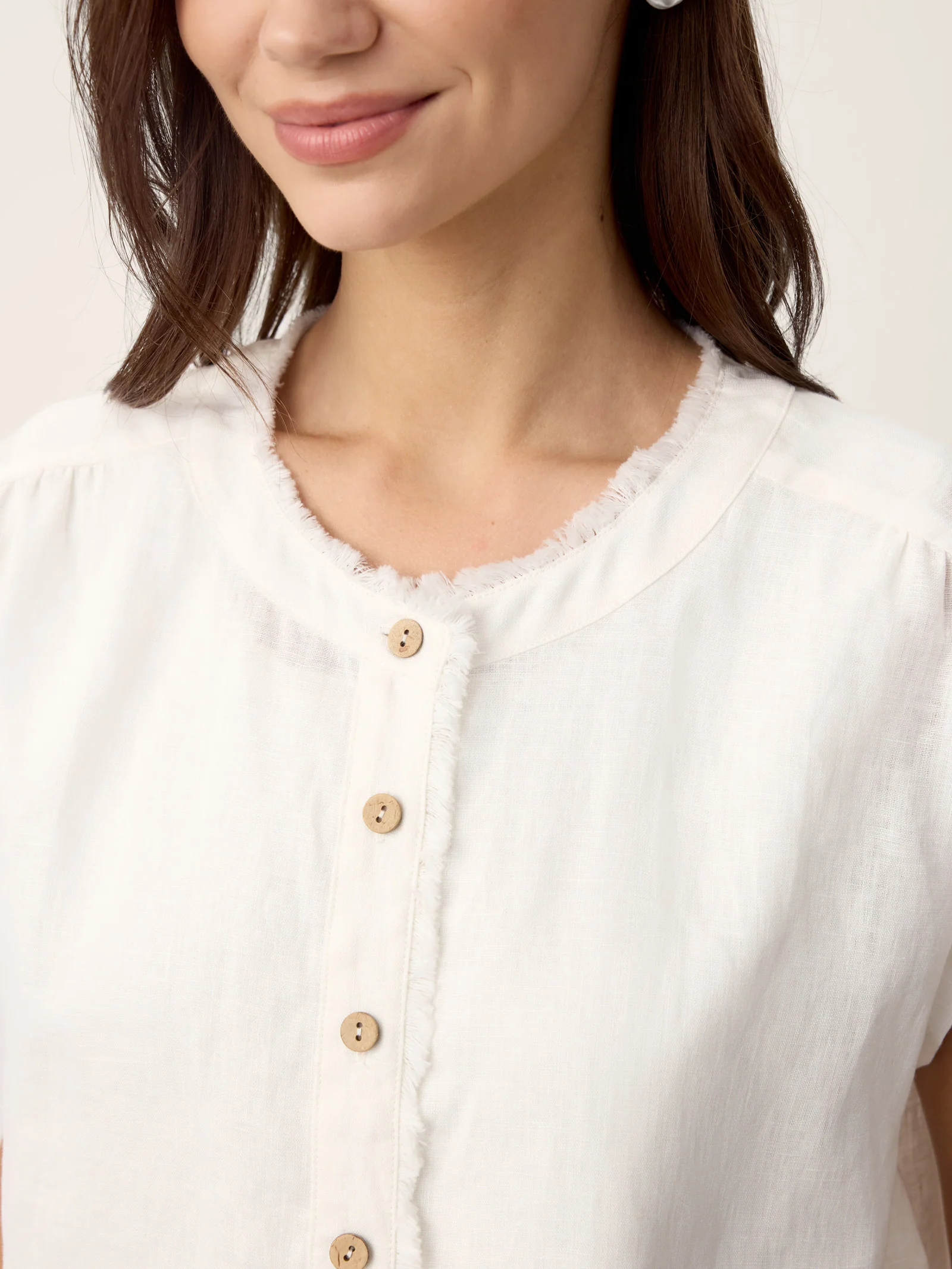 100% Linen Frayed-Trim Drop-Shoulder Top INDIRA - Image 4