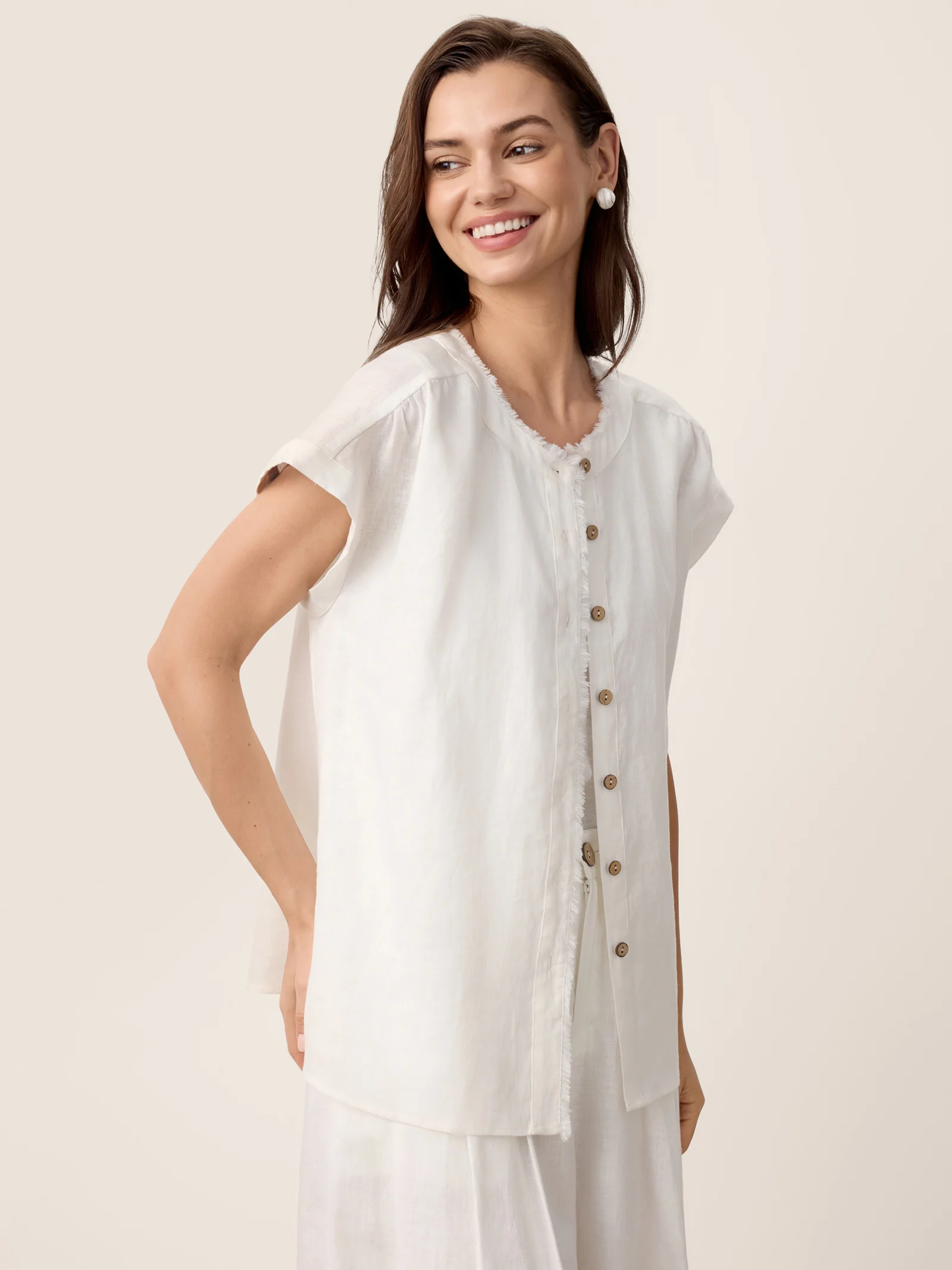 100% Linen Frayed-Trim Drop-Shoulder Top INDIRA - Image 5