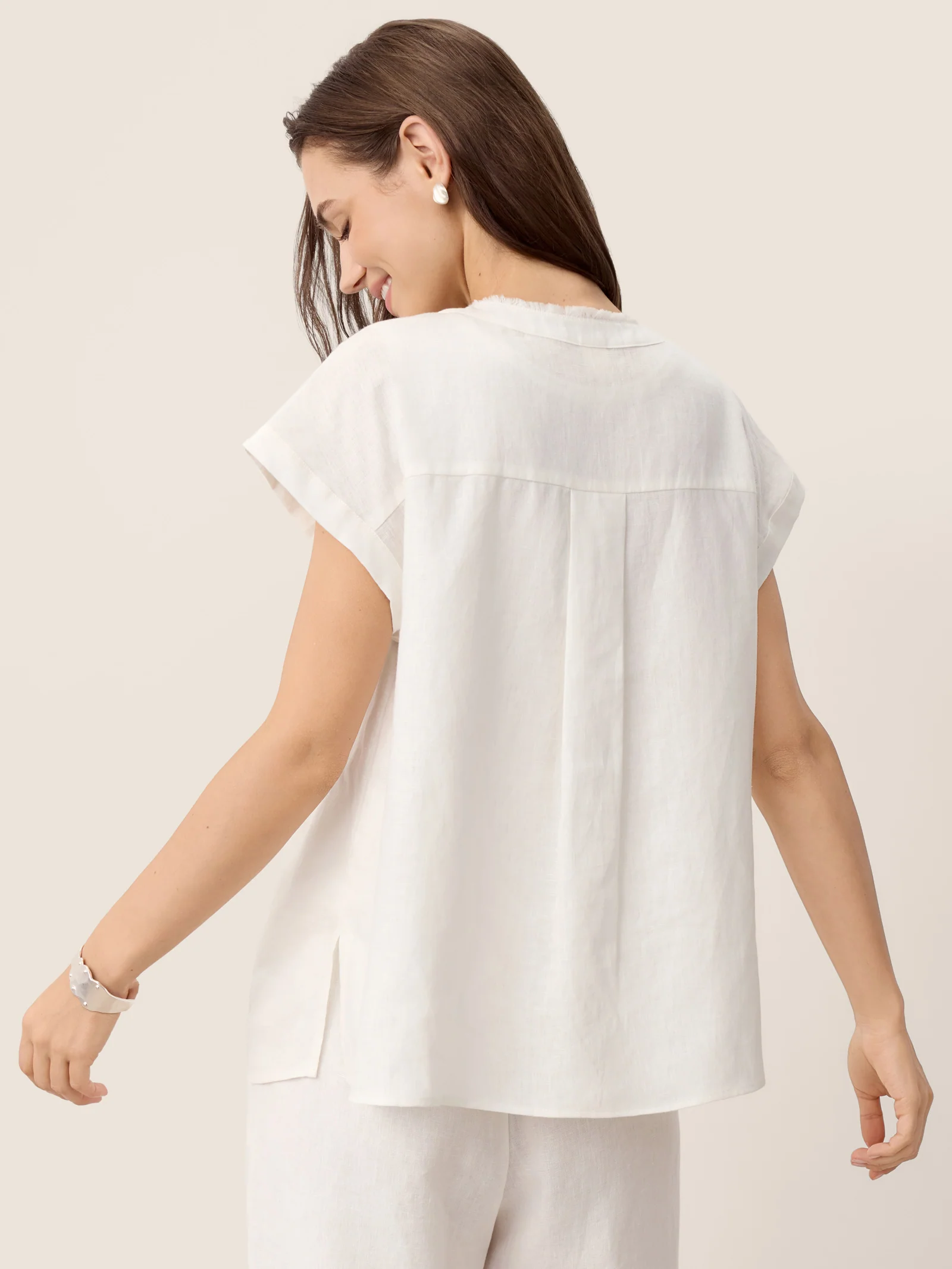 100% Linen Frayed-Trim Drop-Shoulder Top INDIRA - Image 6
