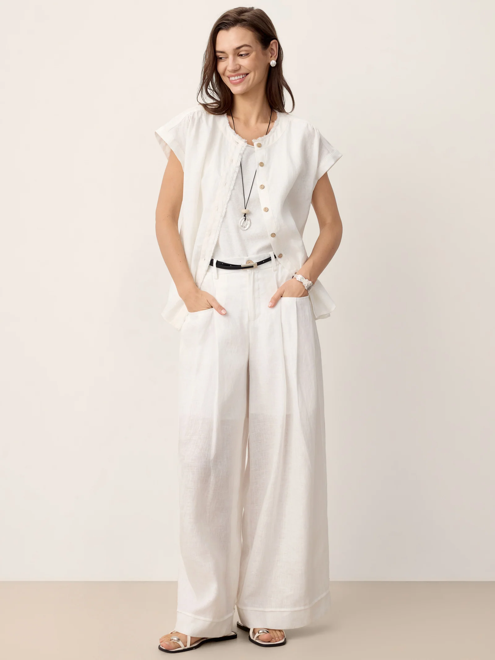 100% Linen Frayed-Trim Drop-Shoulder Top INDIRA - Image 7