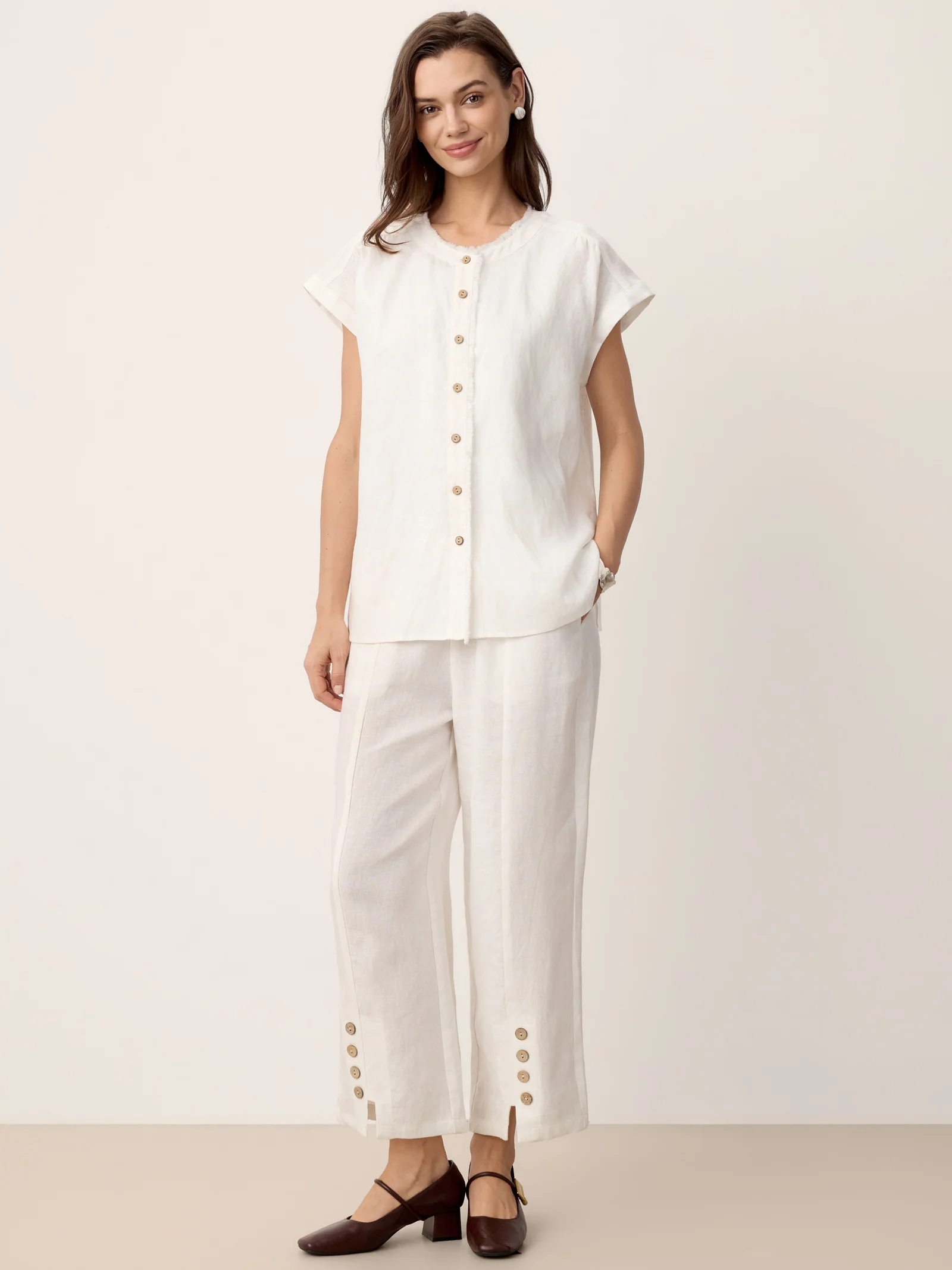 100% Linen Frayed-Trim Drop-Shoulder Top INDIRA - Image 8