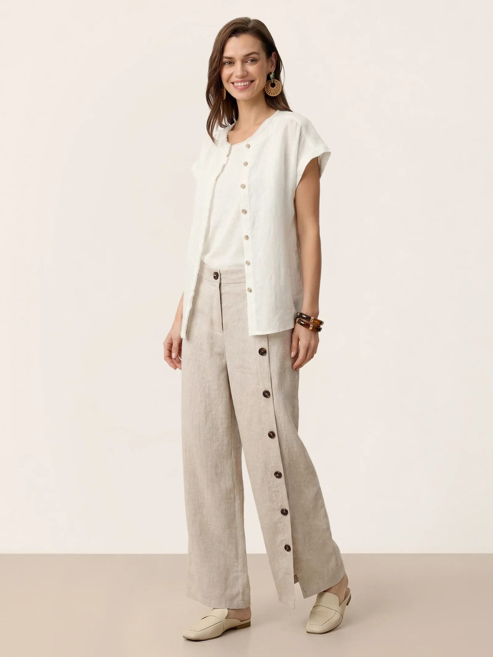 100% Linen Frayed-Trim Drop-Shoulder Top INDIRA - Image 9