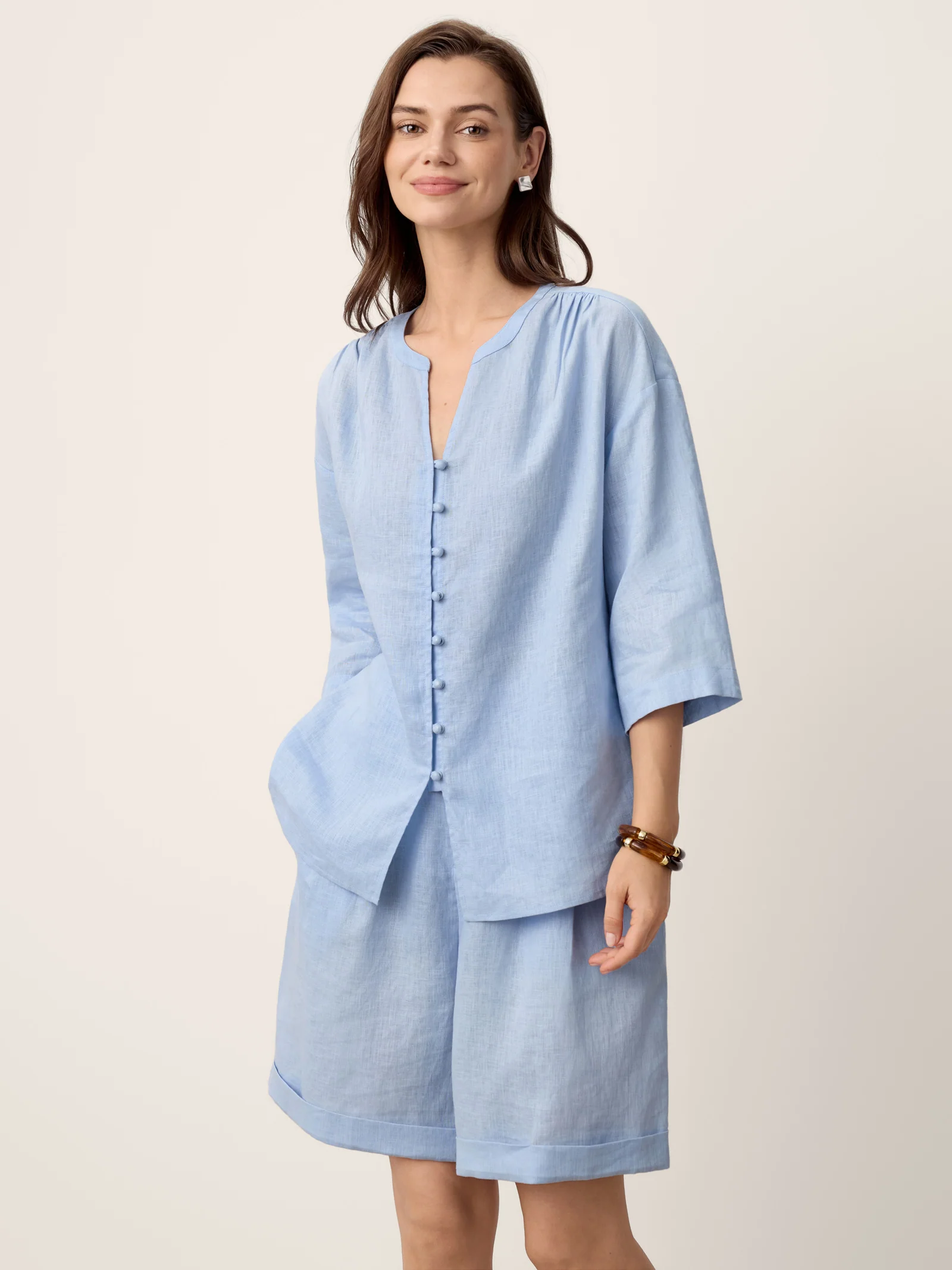 100% Linen Frog-Button Split-Neck Shirt GISELA