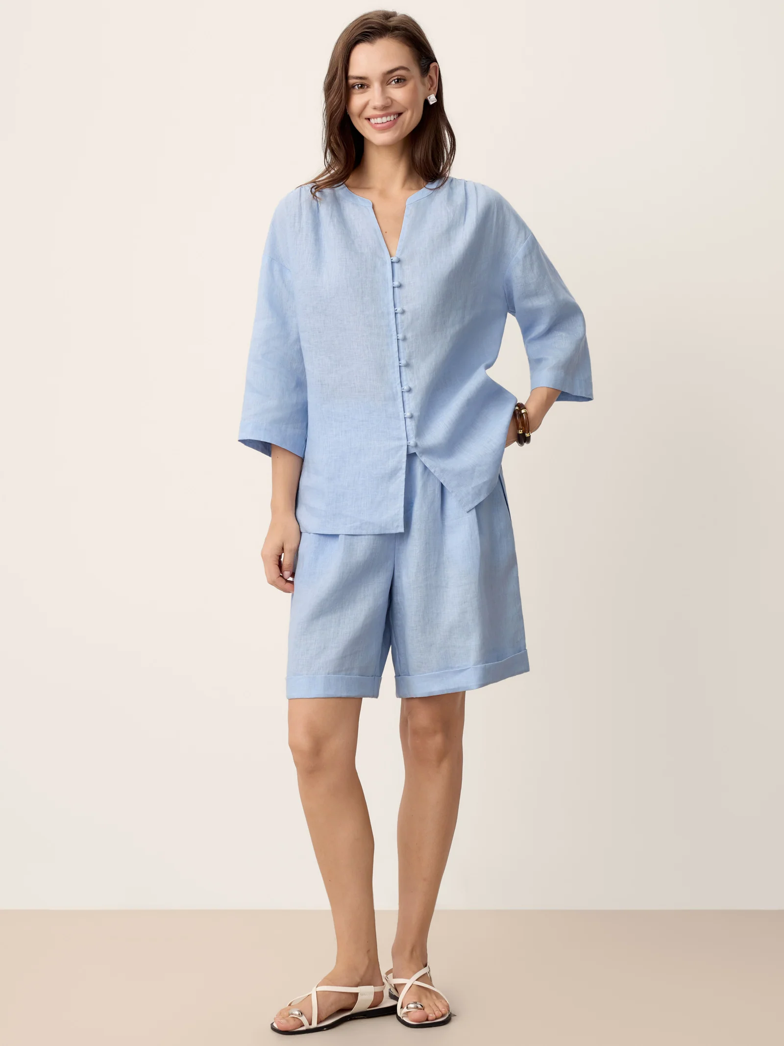 100% Linen Frog-Button Split-Neck Shirt GISELA - Image 10