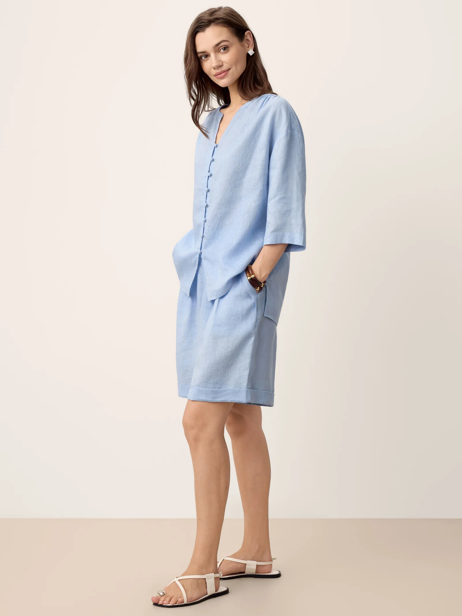 100% Linen Frog-Button Split-Neck Shirt GISELA - Image 6