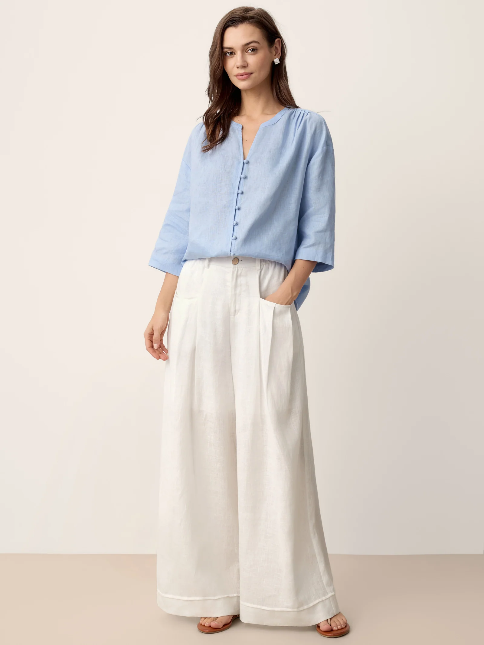 100% Linen Frog-Button Split-Neck Shirt GISELA - Image 7