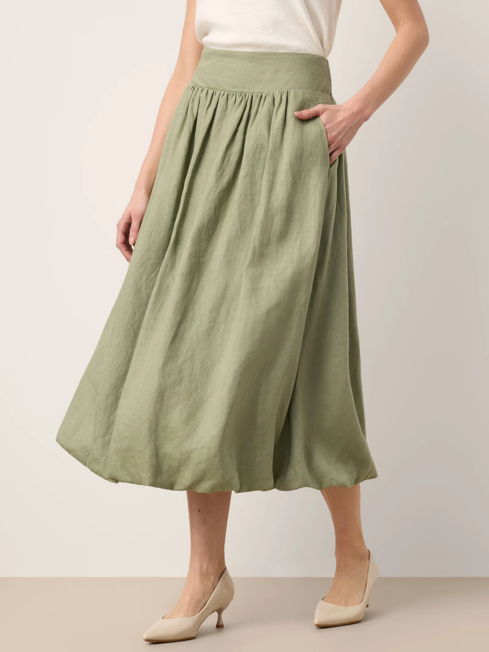 100% Linen Gathered Waist Bubble Hem A-Line Skirt LEONA