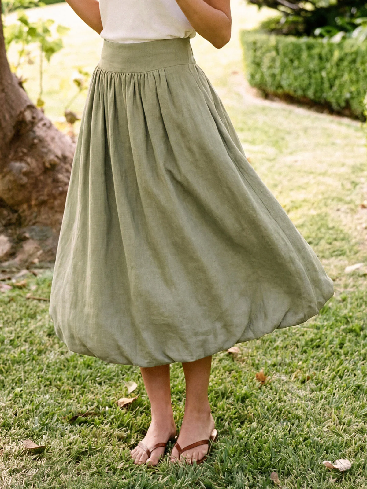 100% Linen Gathered Waist Bubble Hem A-Line Skirt LEONA - Image 2