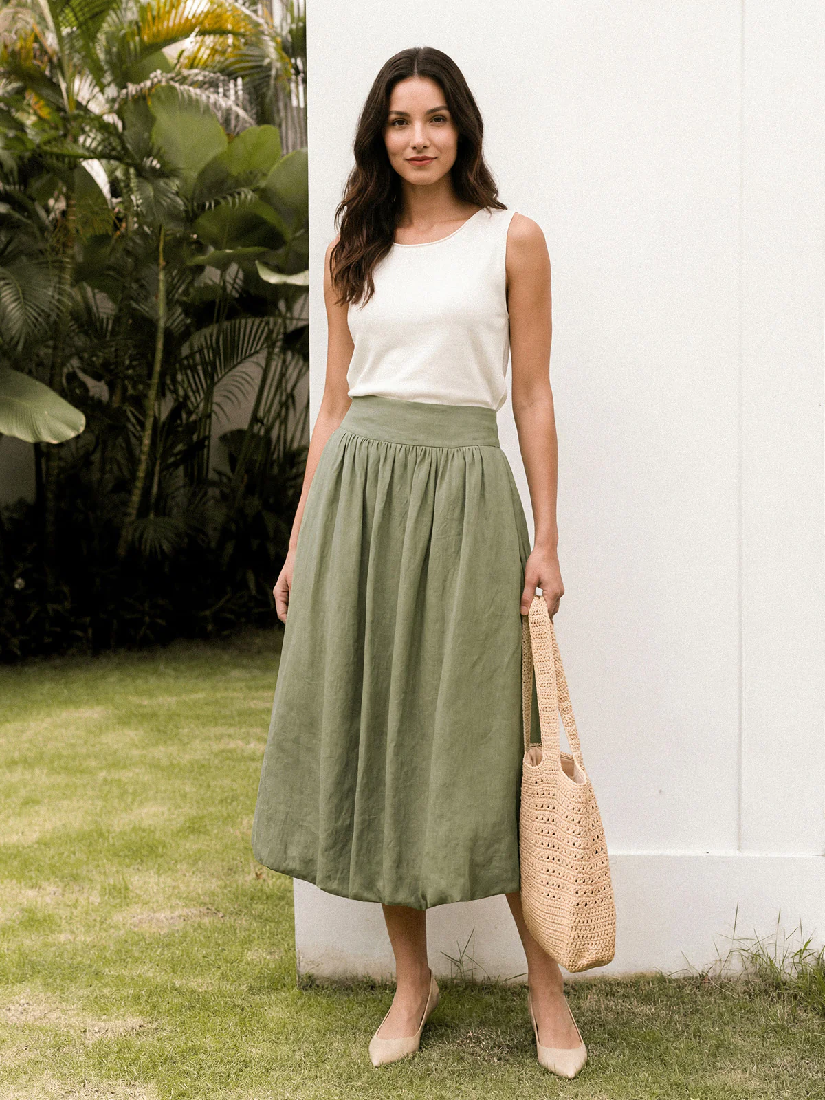 100% Linen Gathered Waist Bubble Hem A-Line Skirt LEONA - Image 3