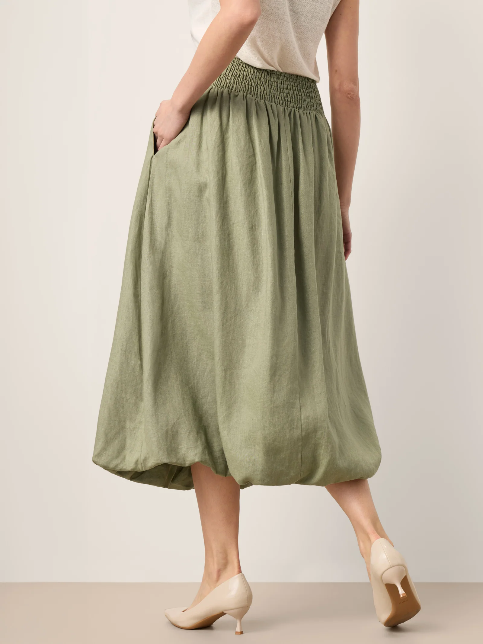 100% Linen Gathered Waist Bubble Hem A-Line Skirt LEONA - Image 4