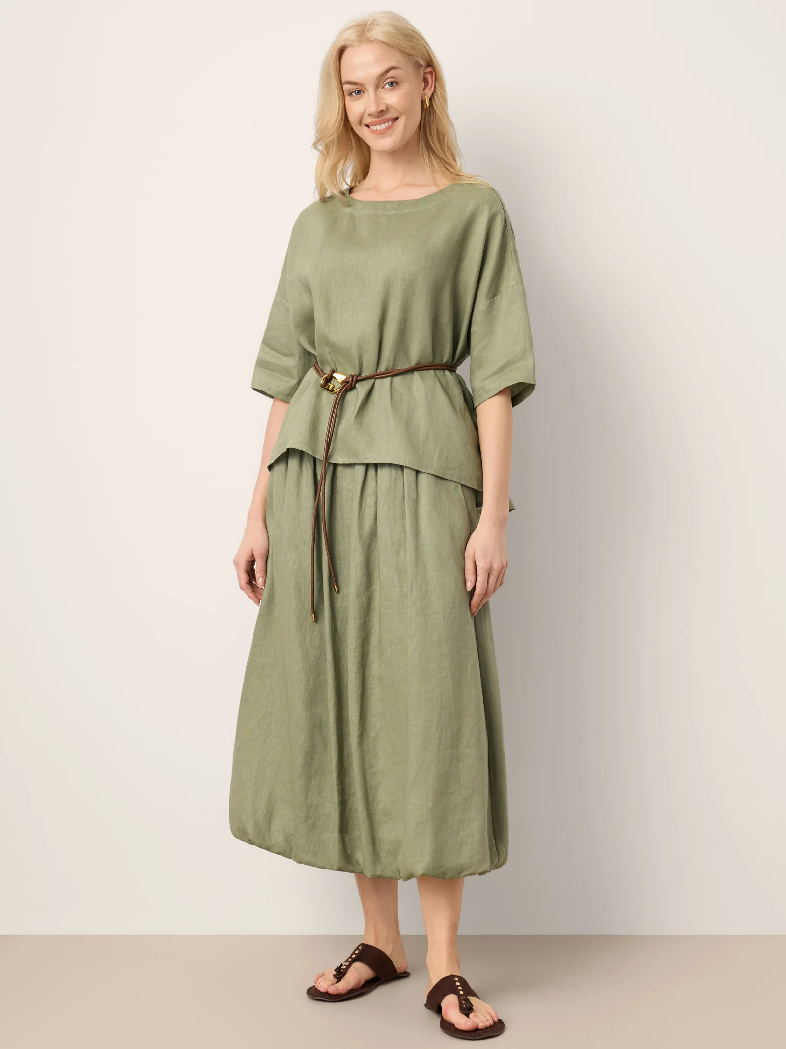 100% Linen Drop Shoulder Shirred Back High-Low Hem Top LINDSEY - Image 9