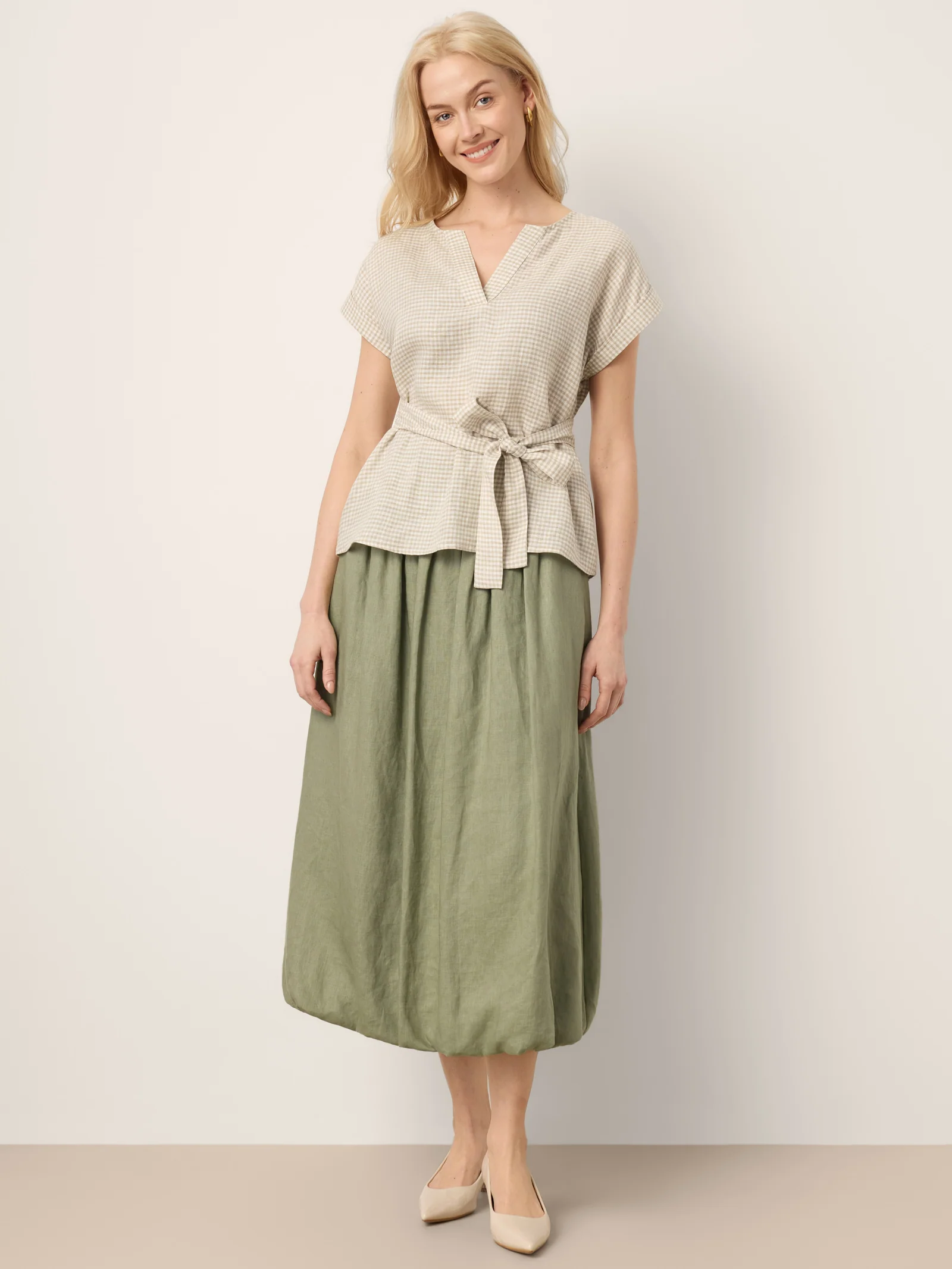 100% Linen Gathered Waist Bubble Hem A-Line Skirt LEONA - Image 9