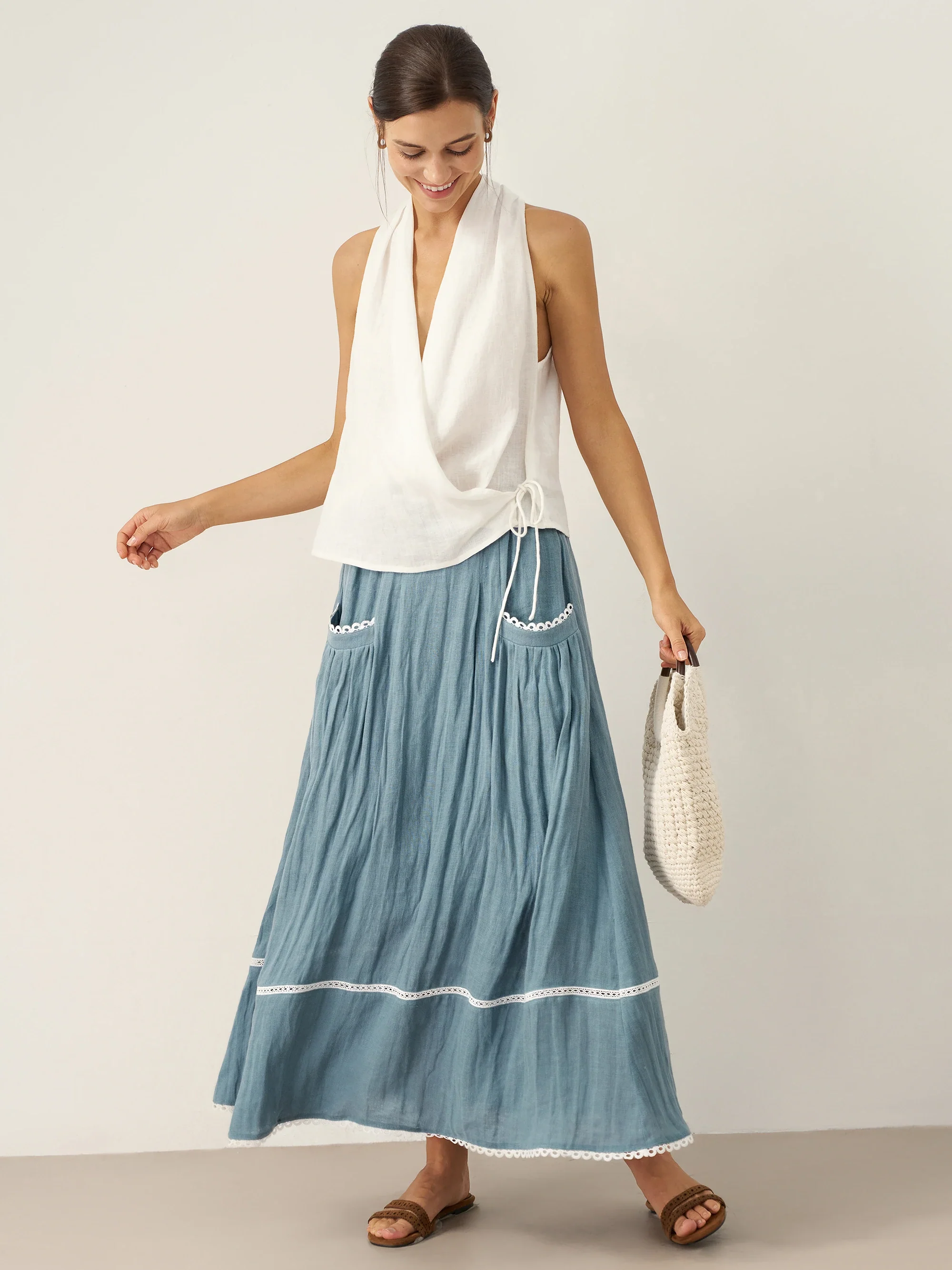 100% Linen Halter Neck Tie-Front Crop Top FAYE - Image 12