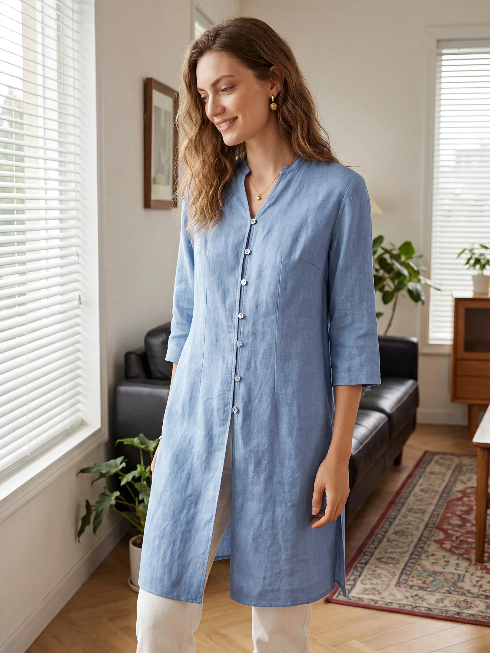 100% Linen Hand Button Long Top DILLON - Image 15