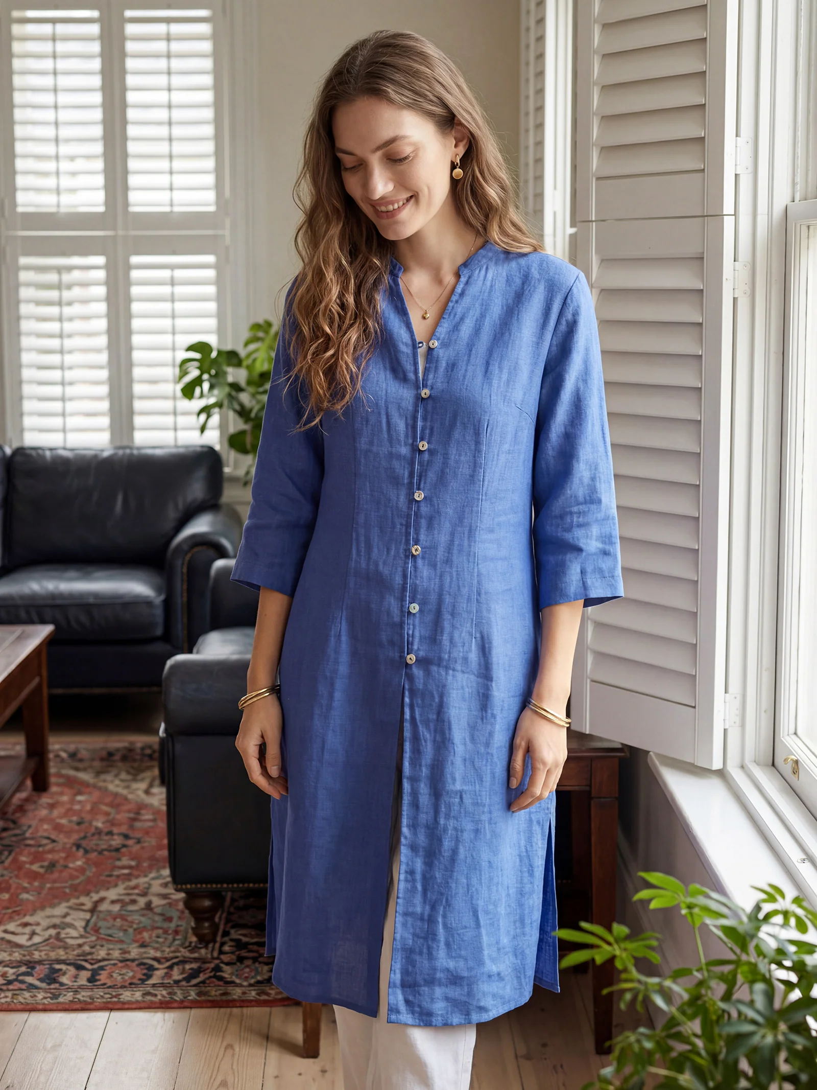 100% Linen Hand Button Long Top DILLON - Image 22