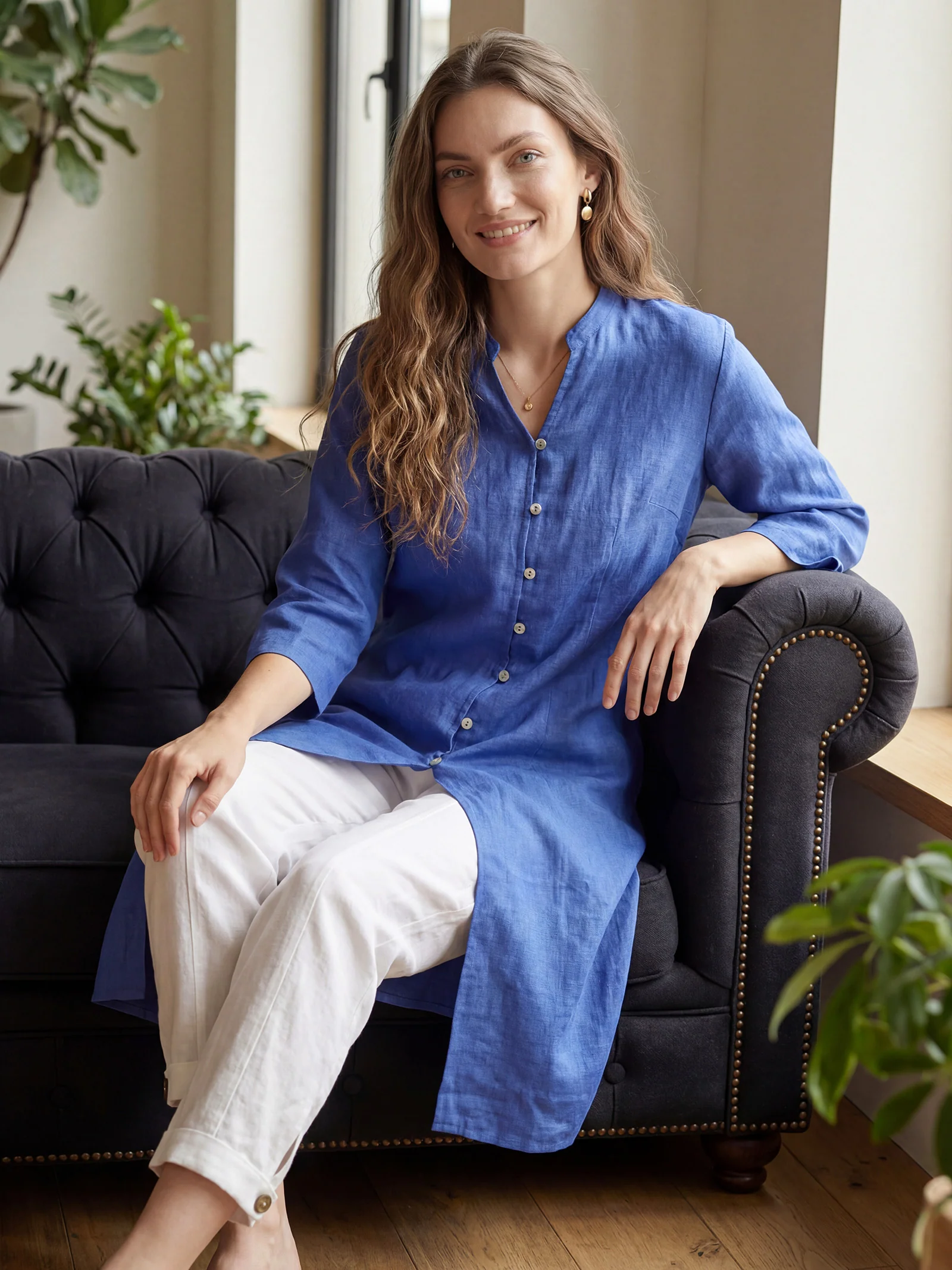 100% Linen Hand Button Long Top DILLON - Image 23