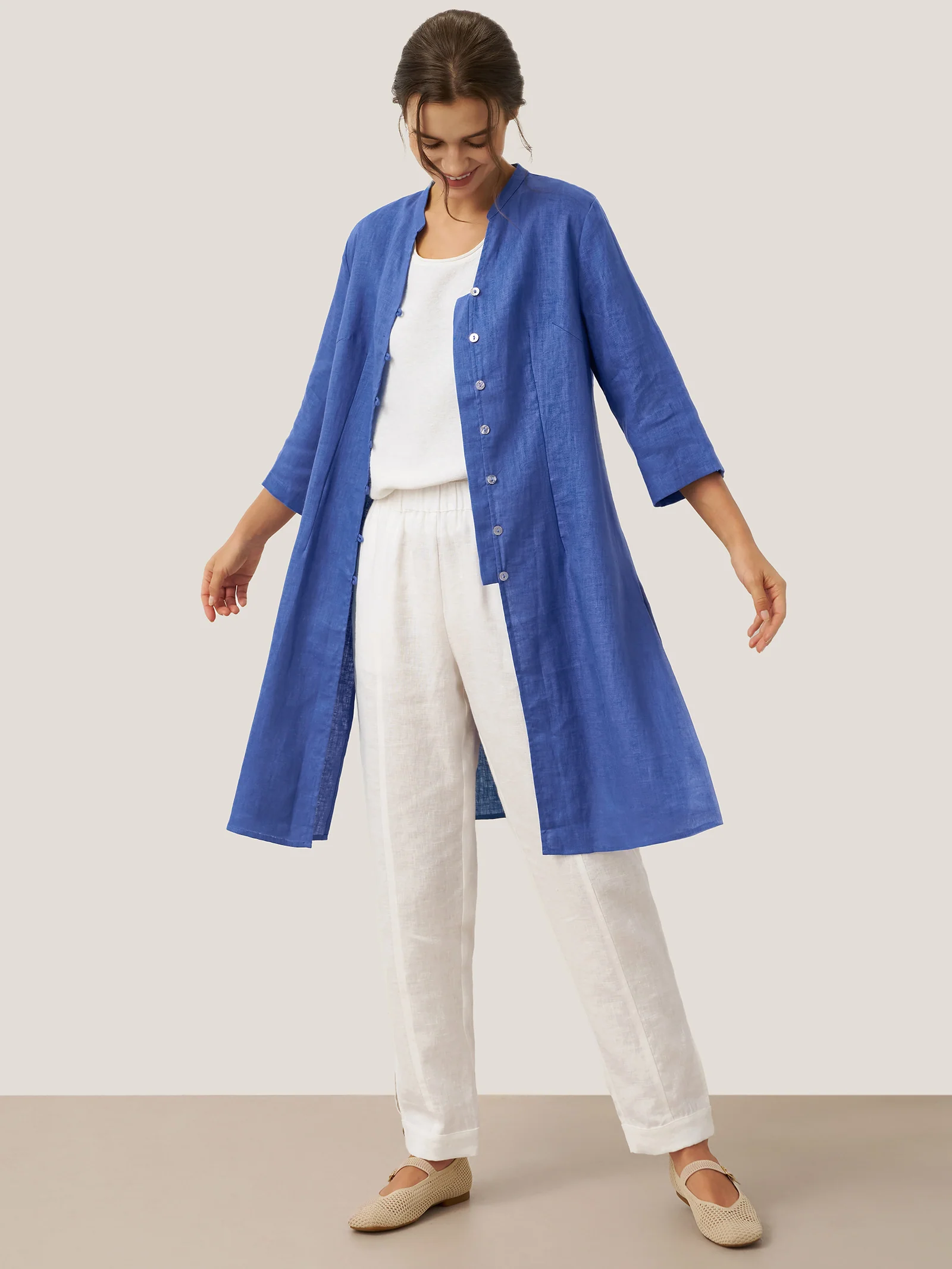 100% Linen Hand Button Long Top DILLON - Image 27