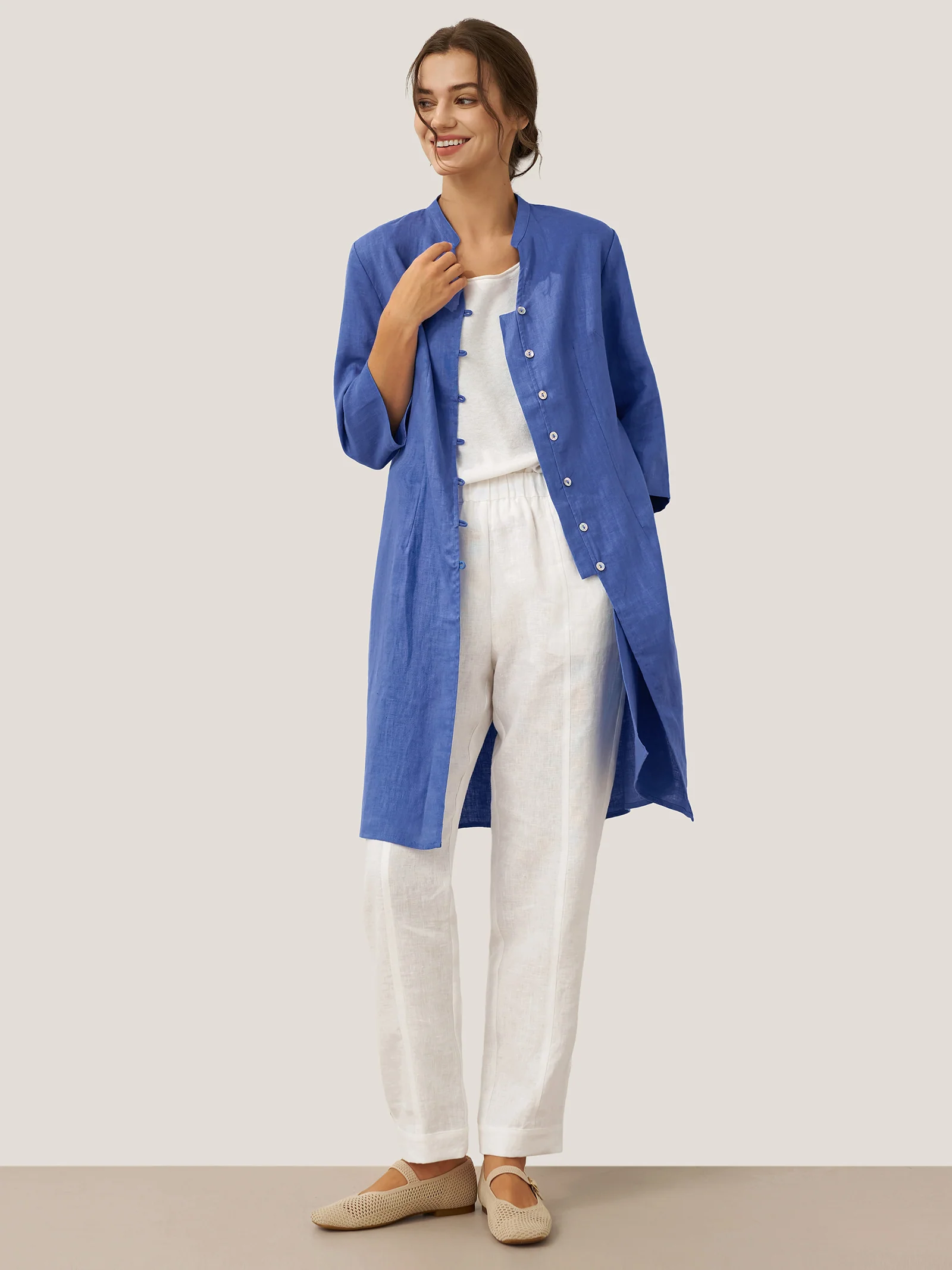100% Linen Hand Button Long Top DILLON - Image 26