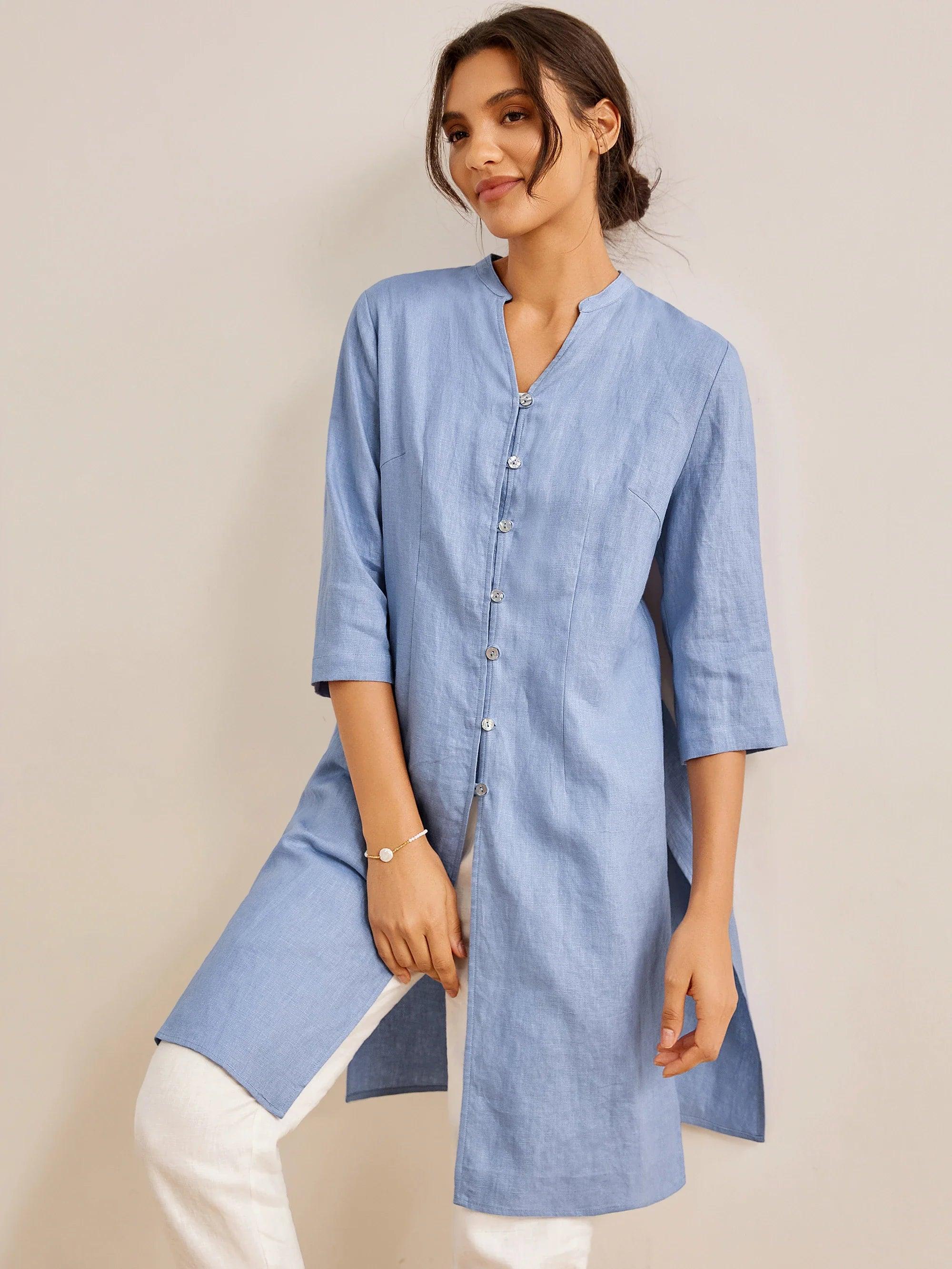100% Linen Hand Button Long Top DILLON - Image 14