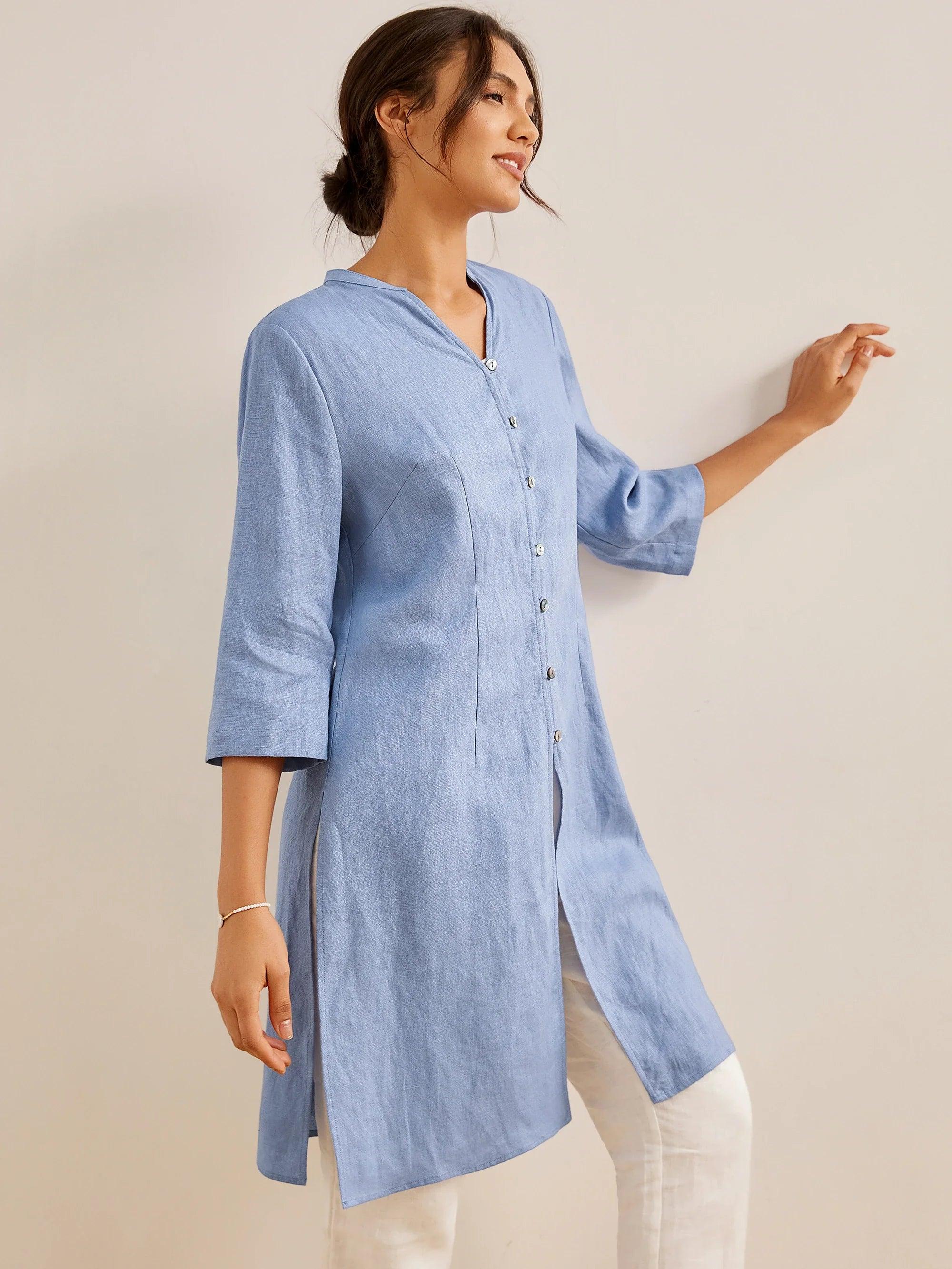 100% Linen Hand Button Long Top DILLON - Image 17