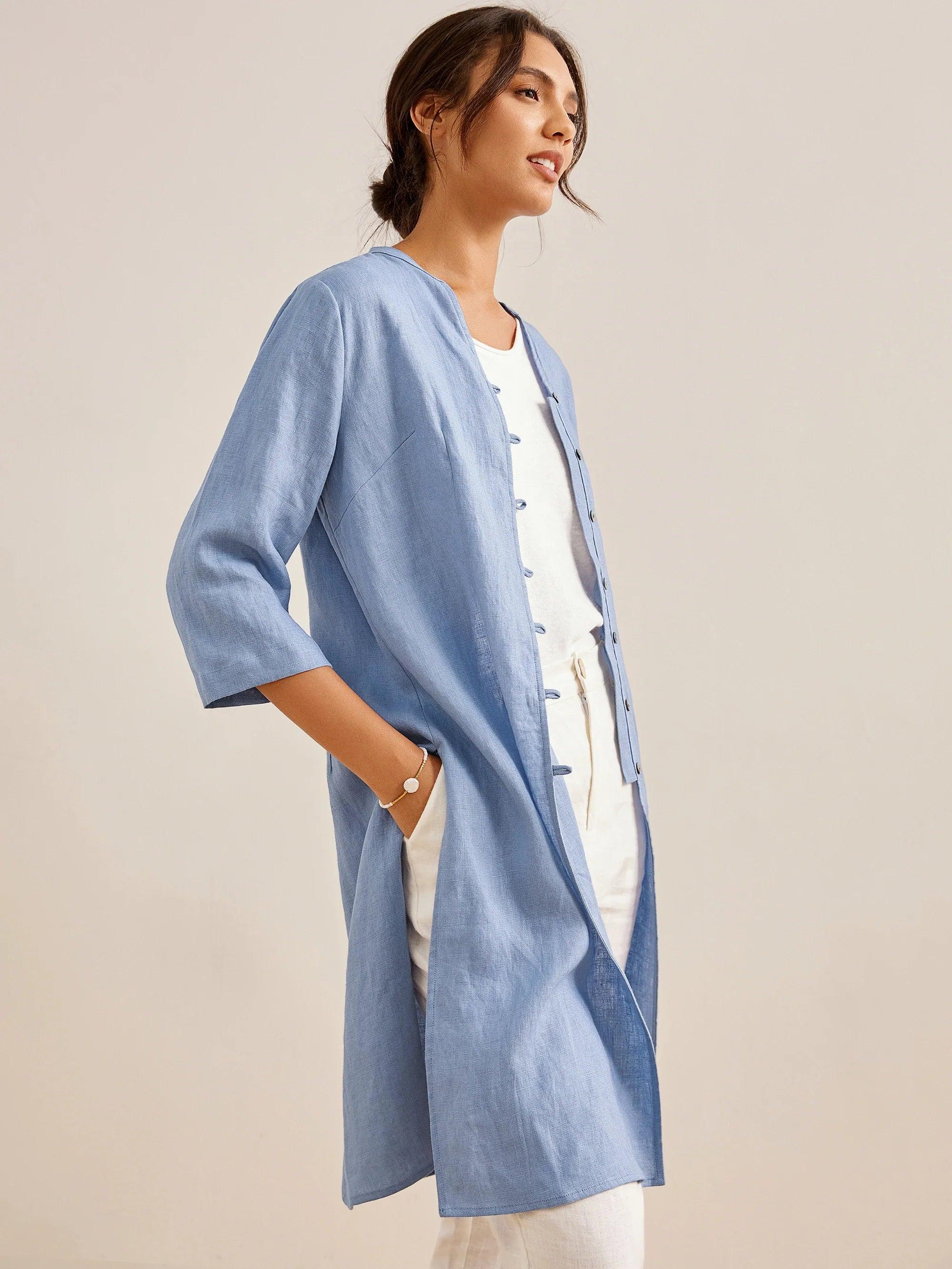 100% Linen Hand Button Long Top DILLON - Image 18