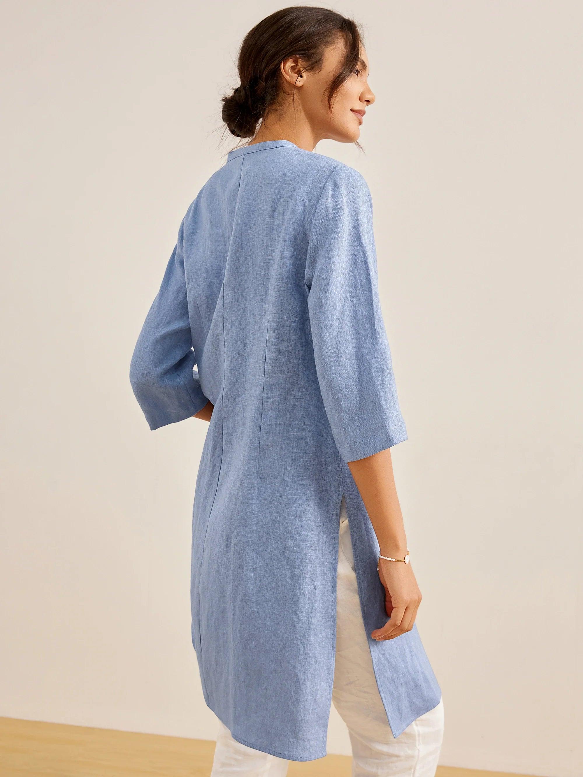 100% Linen Hand Button Long Top DILLON - Image 19