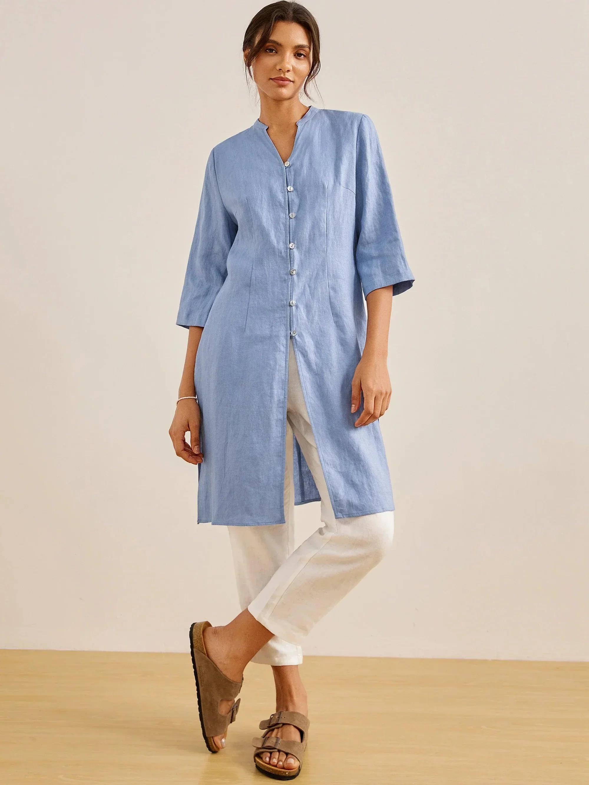 100% Linen Hand Button Long Top DILLON - Image 20