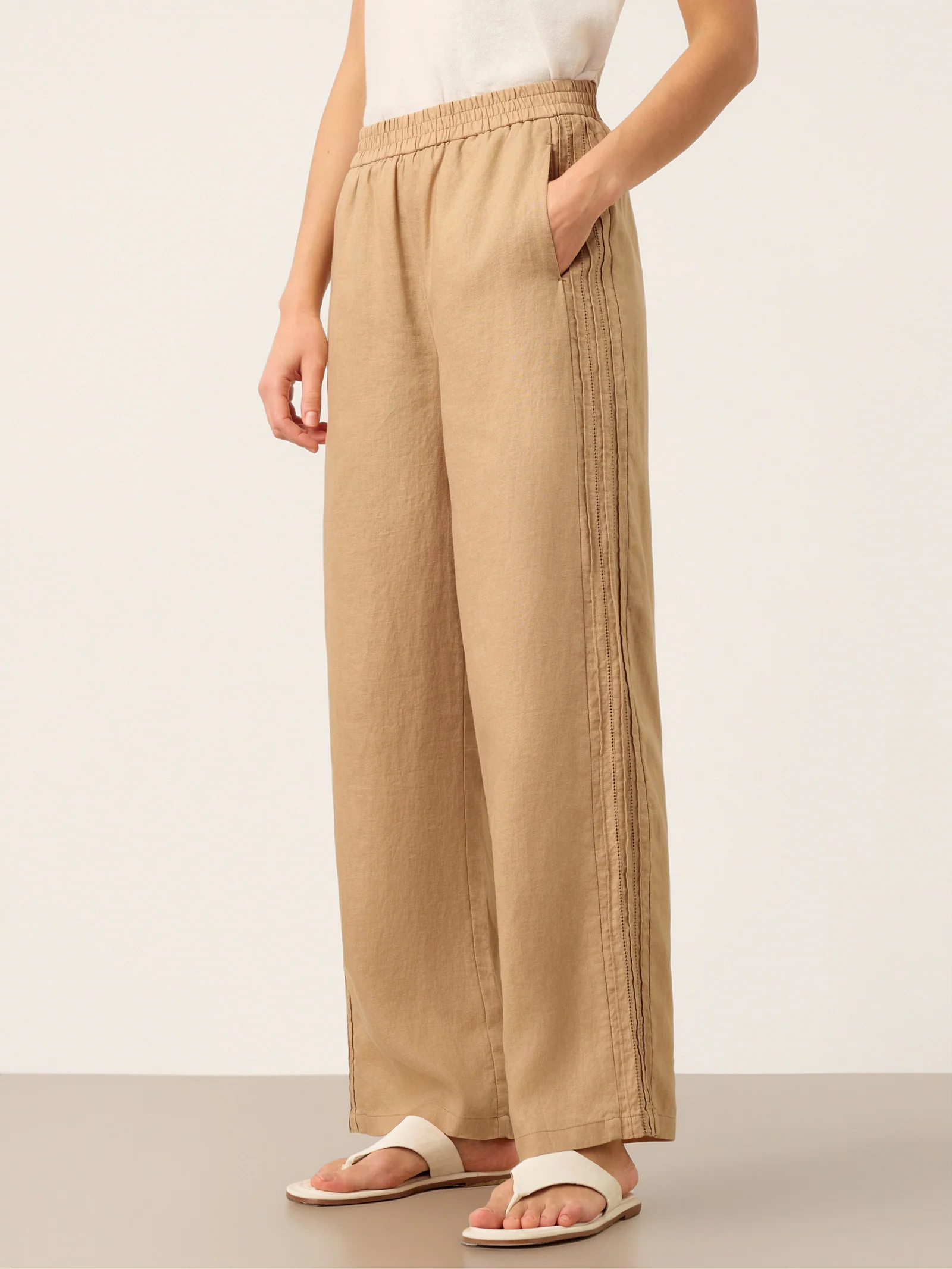 100% Linen Hemstitch Wide Leg Trousers LEONTINE
