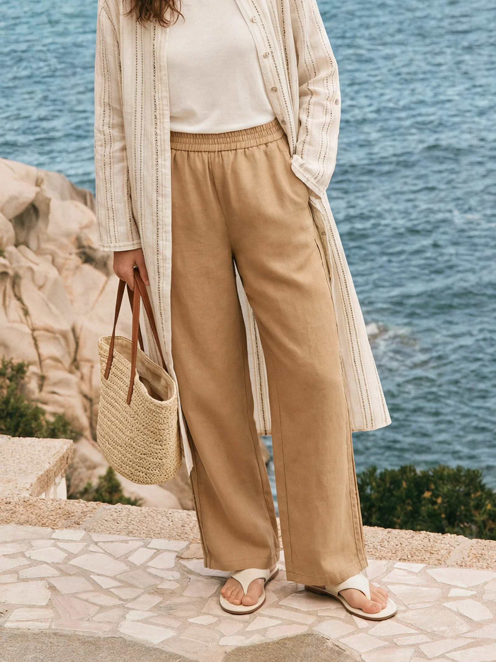 100% Linen Hemstitch Wide Leg Trousers LEONTINE - Image 2