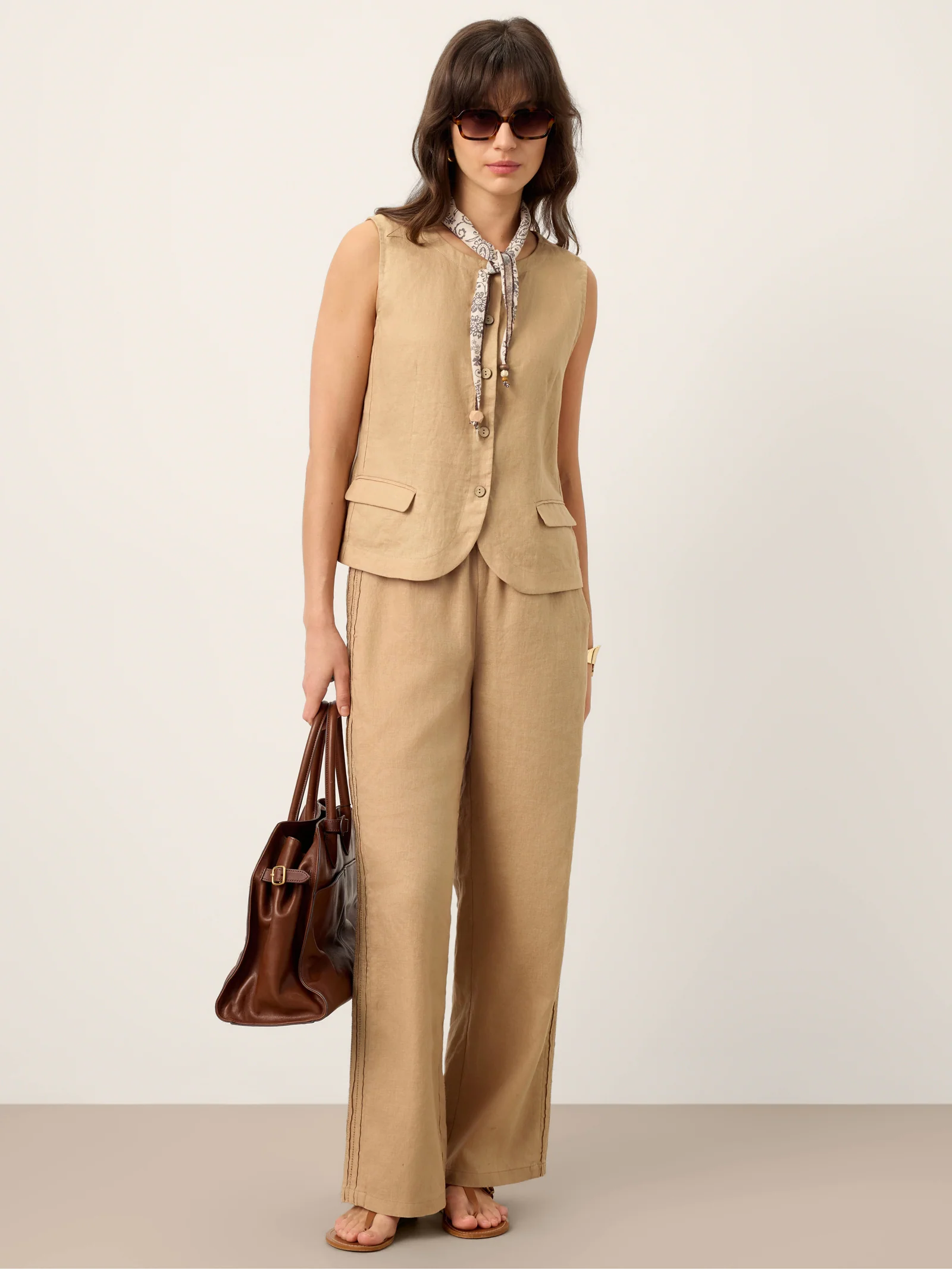 100% Linen Hemstitch Wide Leg Trousers LEONTINE - Image 7