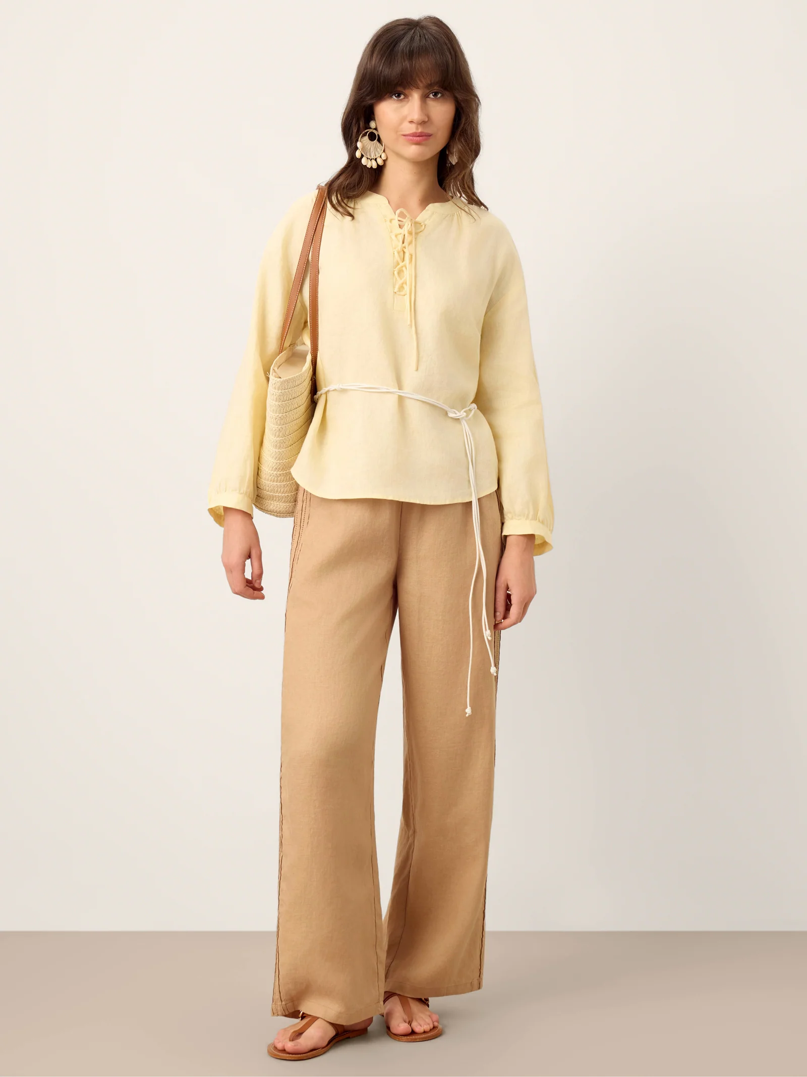 100% Linen Hemstitch Wide Leg Trousers LEONTINE - Image 8