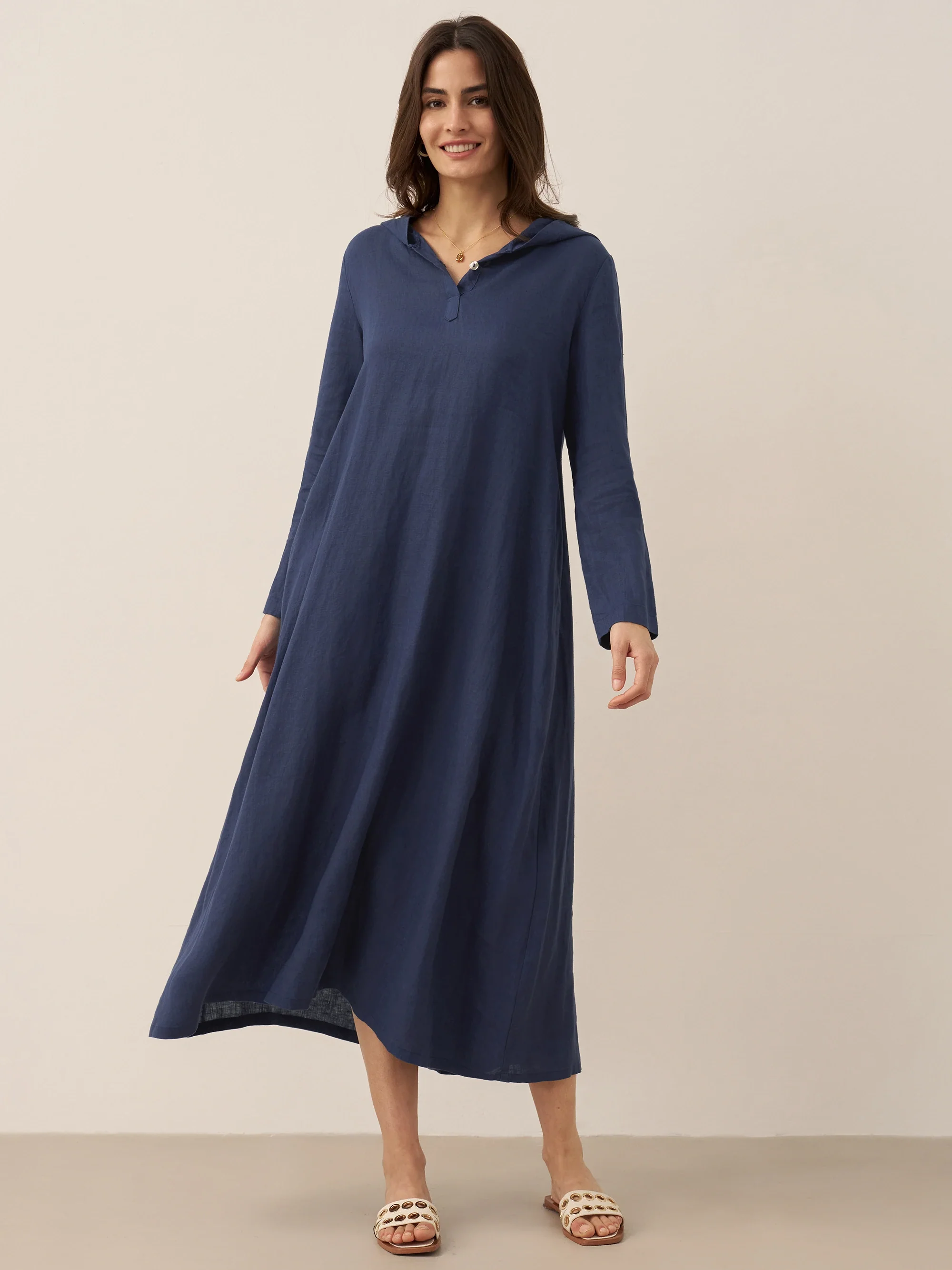 100% Linen Hooded Pullover Maxi Dress REBECCA - Image 11