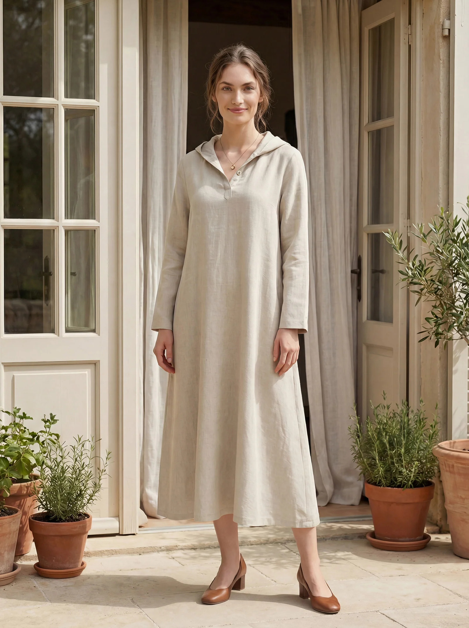100% Linen Hooded Pullover Maxi Dress REBECCA - Image 3