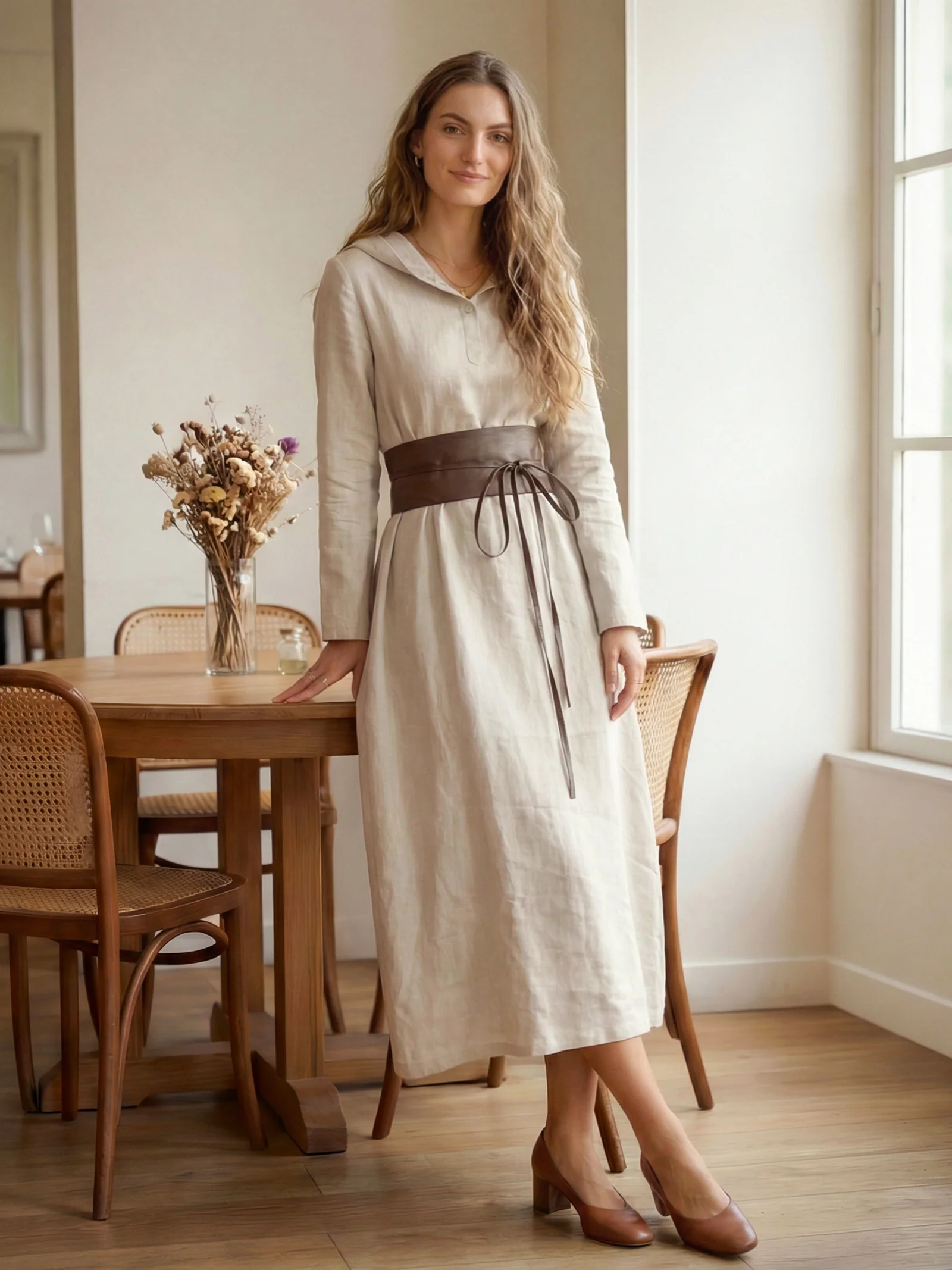 100% Linen Hooded Pullover Maxi Dress REBECCA - Image 4