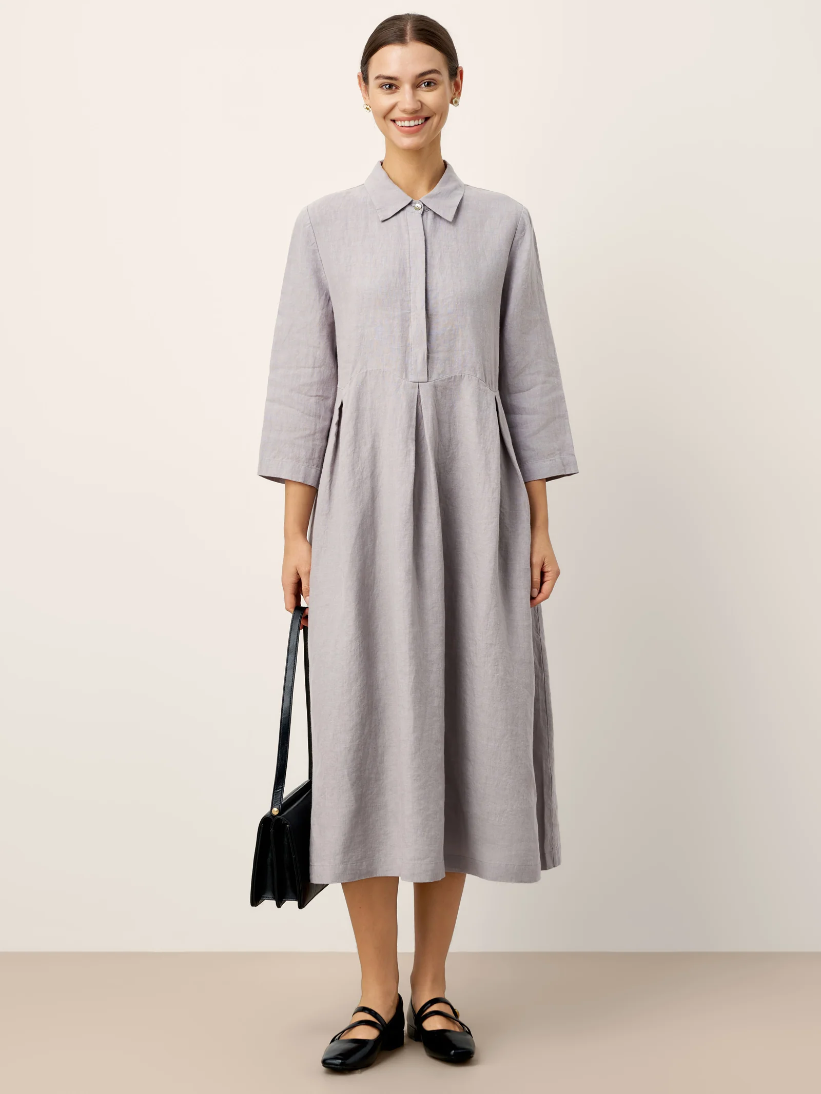 100% Linen Inverted Pleat Curved Seam Maxi Dress VALERIE