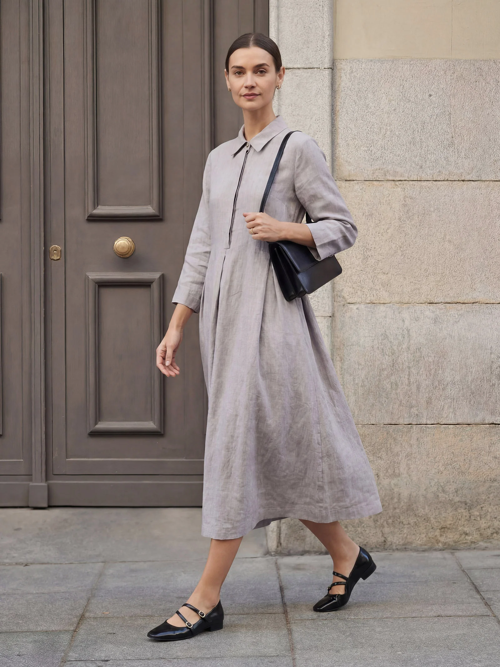 100% Linen Inverted Pleat Curved Seam Maxi Dress VALERIE - Image 2