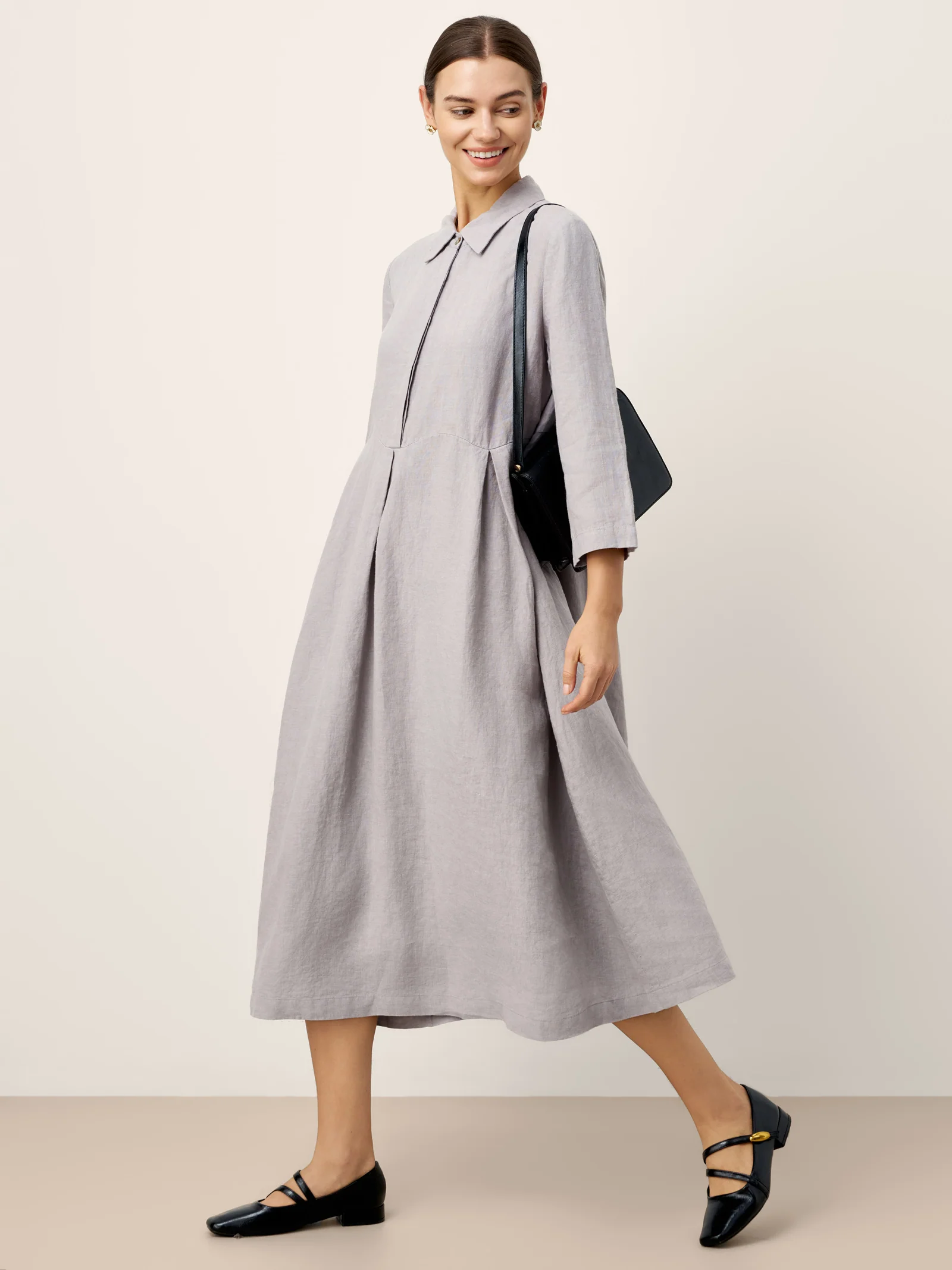 100% Linen Inverted Pleat Curved Seam Maxi Dress VALERIE - Image 3