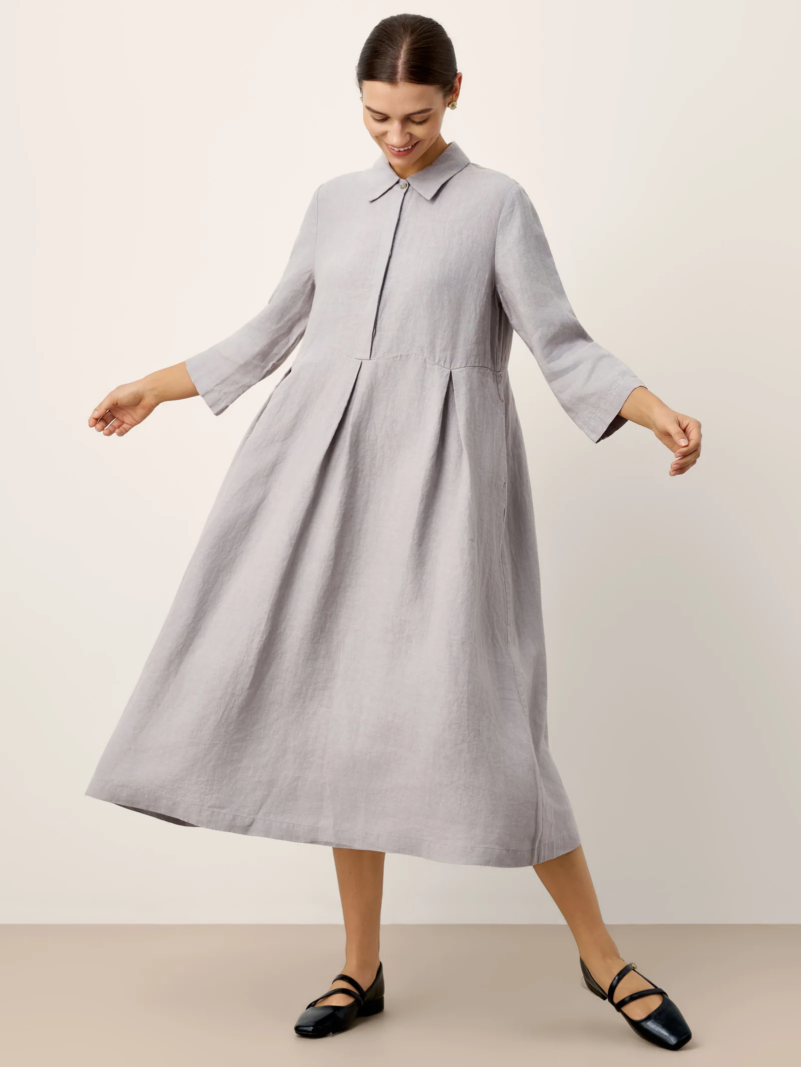 100% Linen Inverted Pleat Curved Seam Maxi Dress VALERIE - Image 5
