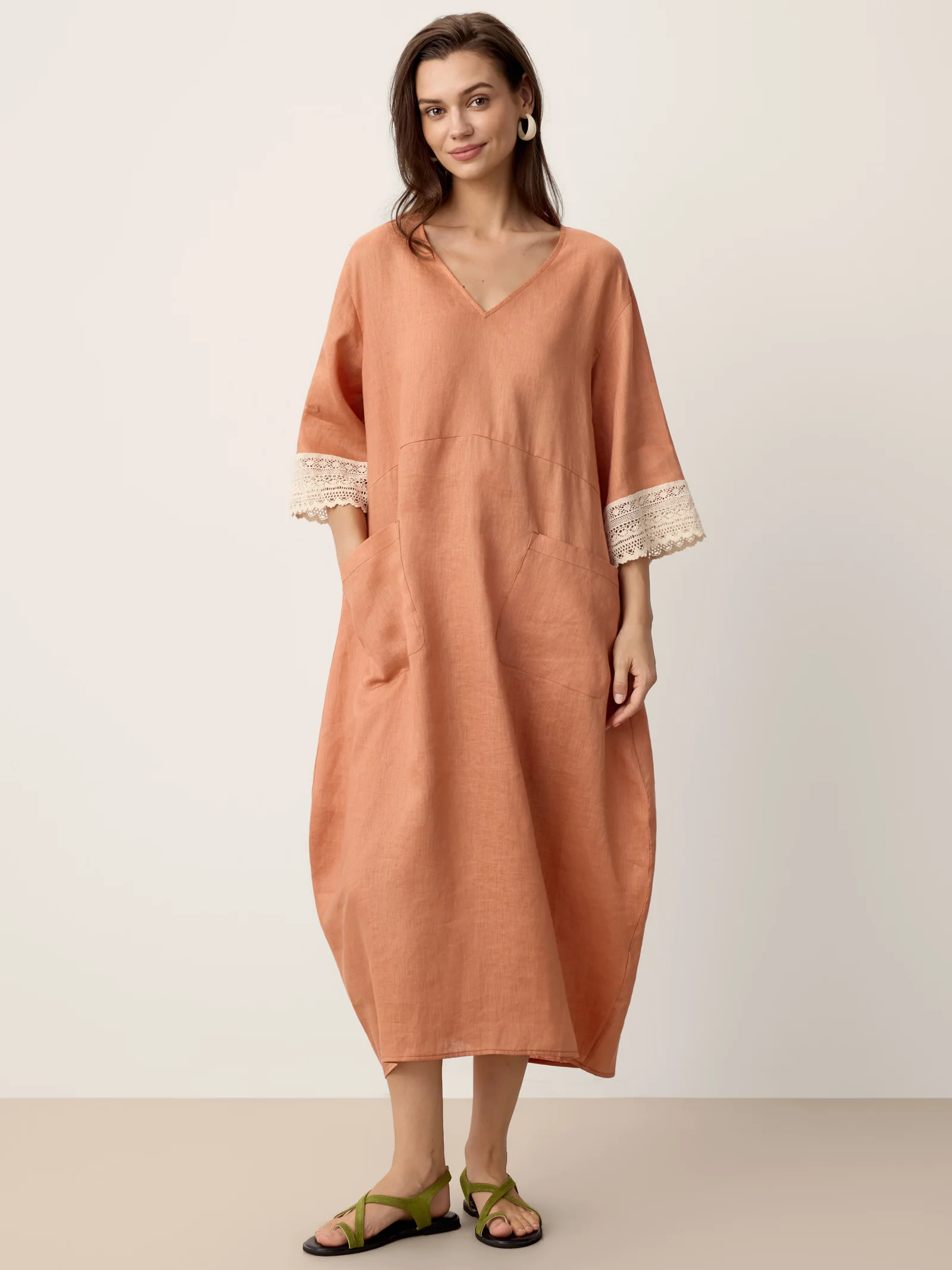 100% Linen Lace-Cuff Cocoon Maxi Dress PETRA